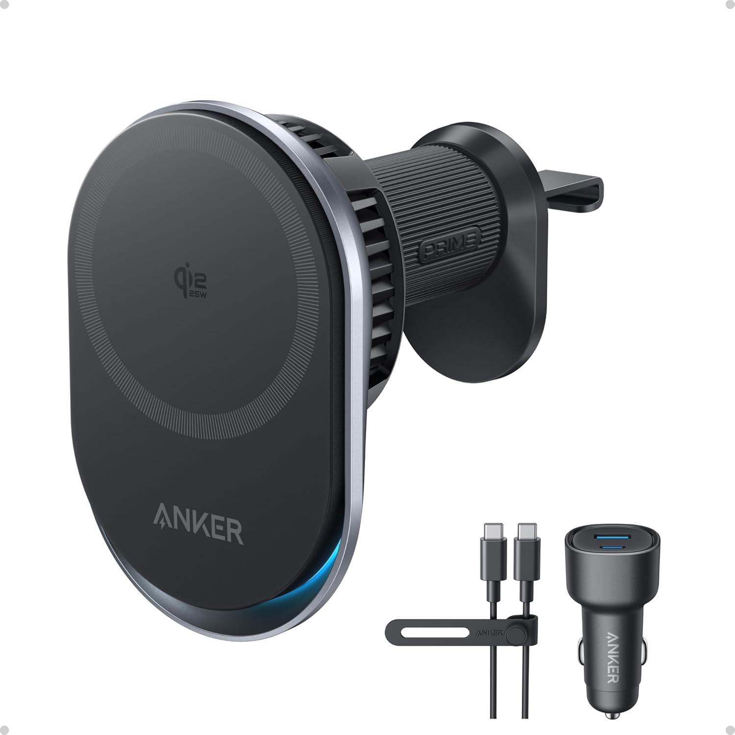 Prime MagSafe Car Mount Charger – Qi2 25W Certified Wireless Fast Charging with AirCool Cooling, Strong Magnetic Air Vent Mount for iPhone 17–12 Series (60W Adapter Included)
