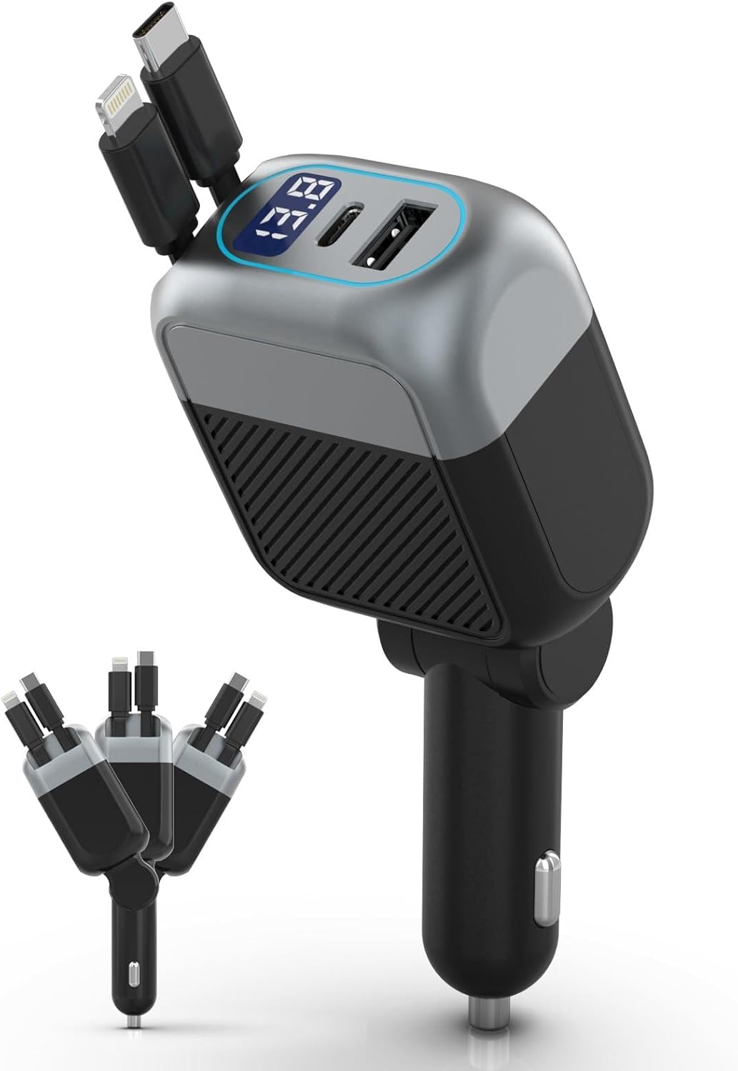 87W Retractable Car Charger 4-in-1 – Fast USB-C Car Adapter with 45W Type-C & Lightning Cable for iPhone 17/16 Pro Max, Samsung & Travel Use