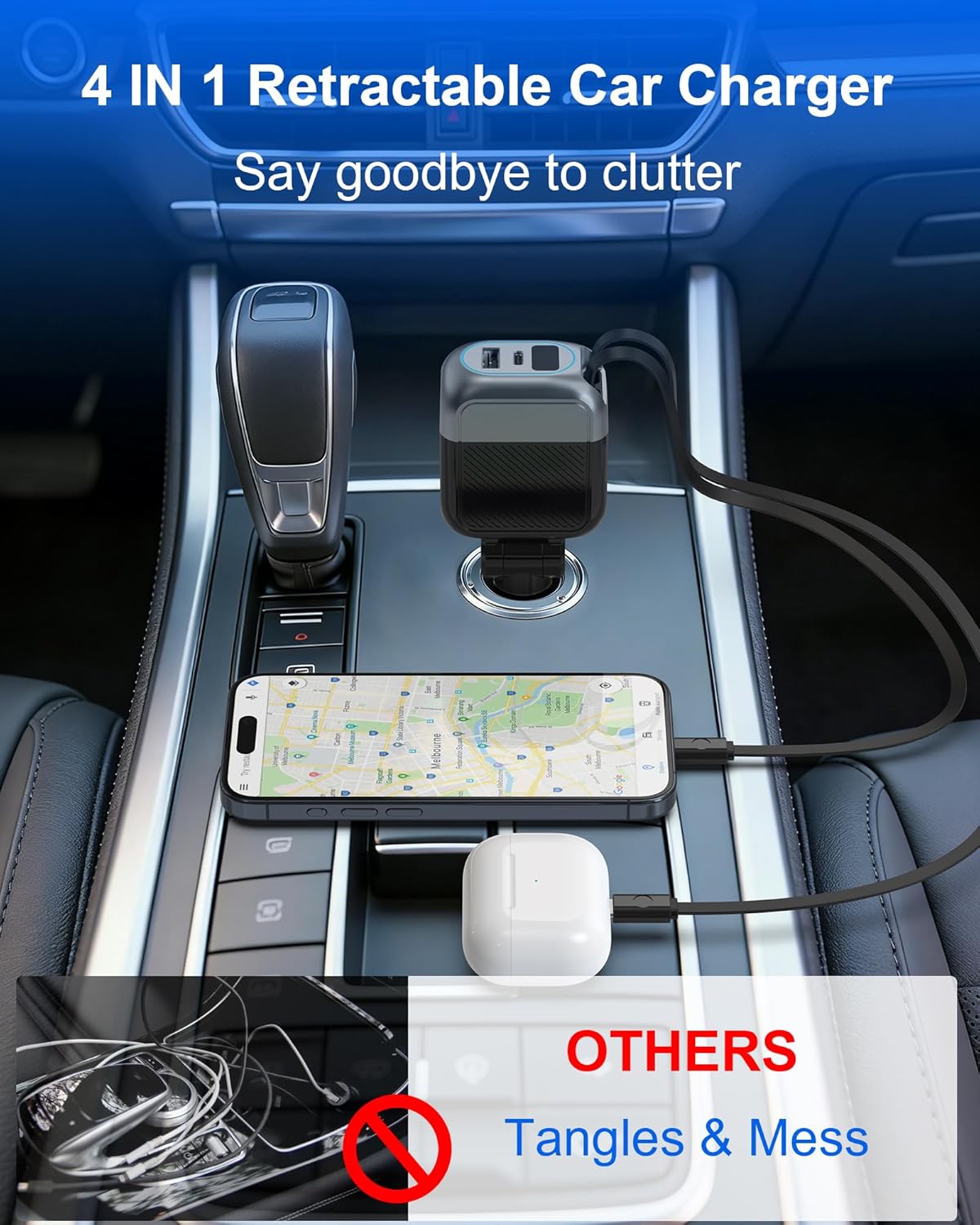 ORANGLES 87W Retractable Car Charger 4-in-1 – Fast USB-C Car Adapter with 45W Type-C & Lightning Cable for iPhone 17/16 Pro Max, Samsung & Travel Use - high resolution display - Image 2 of 5 | perfect for office | California | Free Shipping ORANGLES