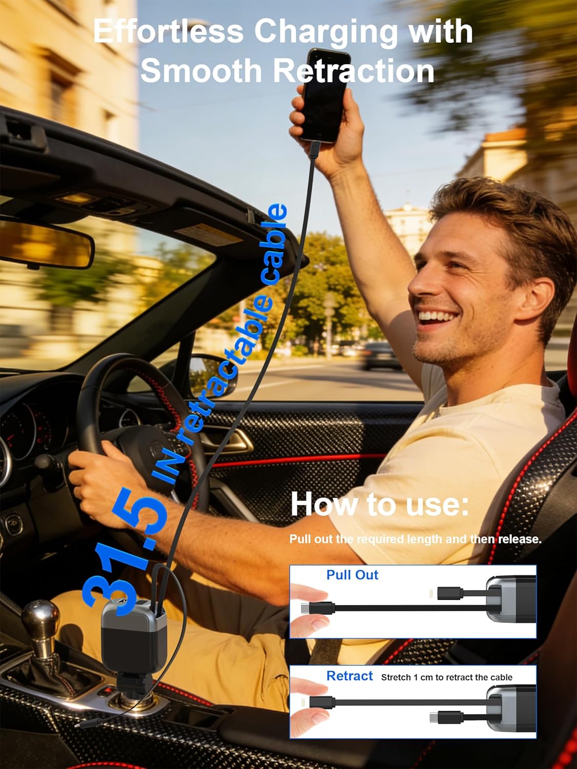 ORANGLES 87W Retractable Car Charger 4-in-1 – Fast USB-C Car Adapter with 45W Type-C & Lightning Cable for iPhone 17/16 Pro Max, Samsung & Travel Use - detailed closeup view - Image 3 of 5 | great for travel | Texas | Free Shipping ORANGLES