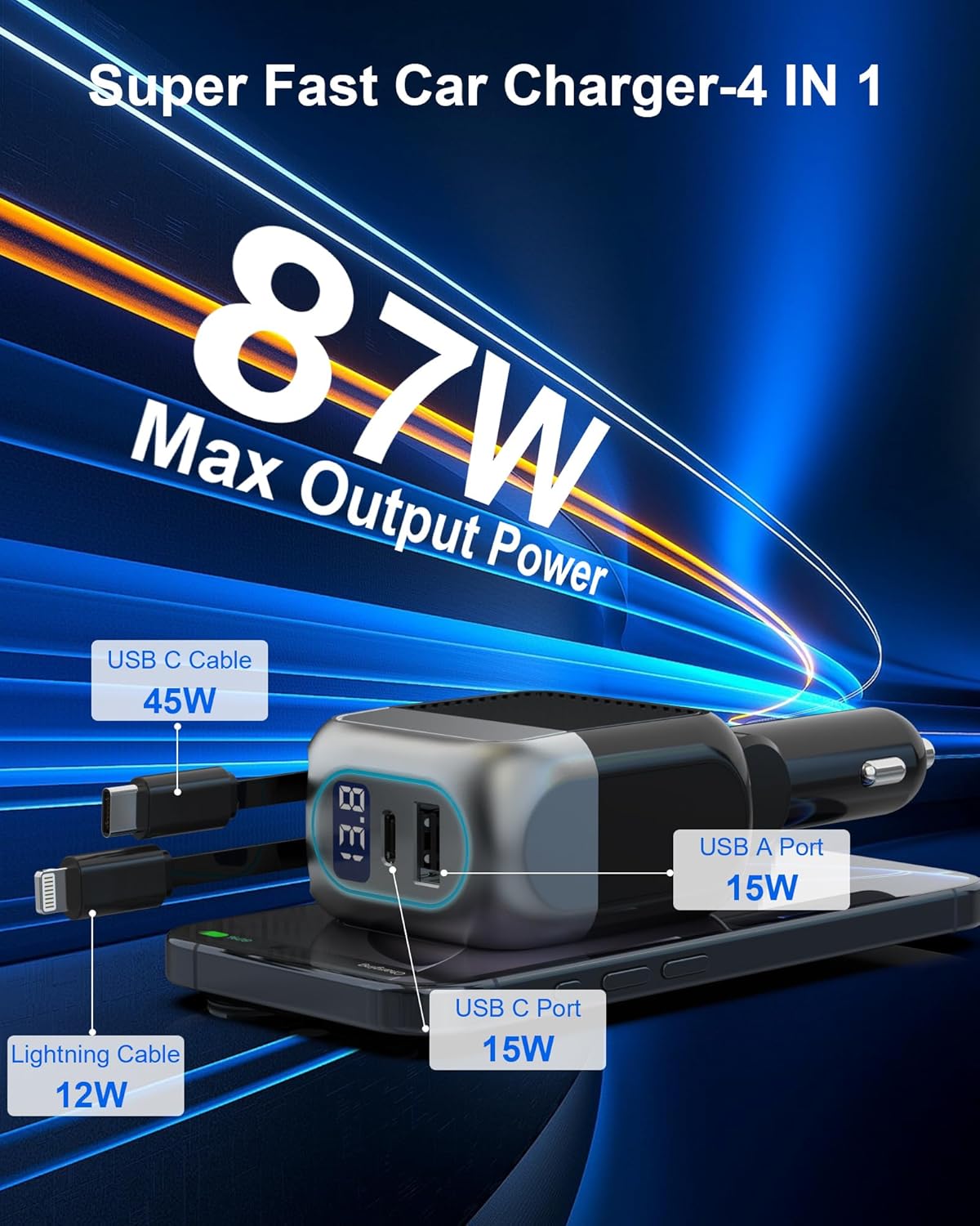 ORANGLES 87W Retractable Car Charger 4-in-1 – Fast USB-C Car Adapter with 45W Type-C & Lightning Cable for iPhone 17/16 Pro Max, Samsung & Travel Use - angled perspective - Image 4 of 5 | excellent for daily use | New York | Free Shipping ORANGLES