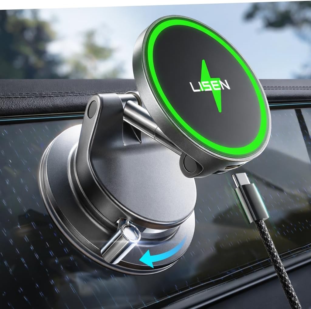 LISEN 15W MagSafe Car Mount Charger – Magnetic Wireless Car Charger & Suction Phone Holder for iPhone 17/16/15/14/13/12 (Truck & Jeep Accessories)