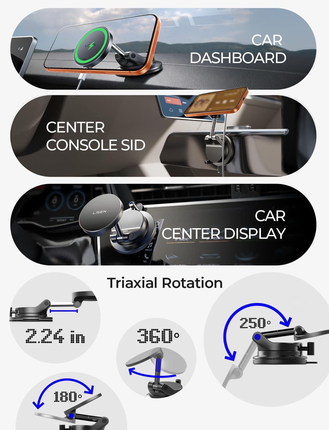 ORANGLES LISEN 15W MagSafe Car Mount Charger – Magnetic Wireless Car Charger & Suction Phone Holder for iPhone 17/16/15/14/13/12 (Truck & Jeep Accessories) - high resolution display - Image 2 of 5 | perfect for office | California | Free Shipping ORANGLES