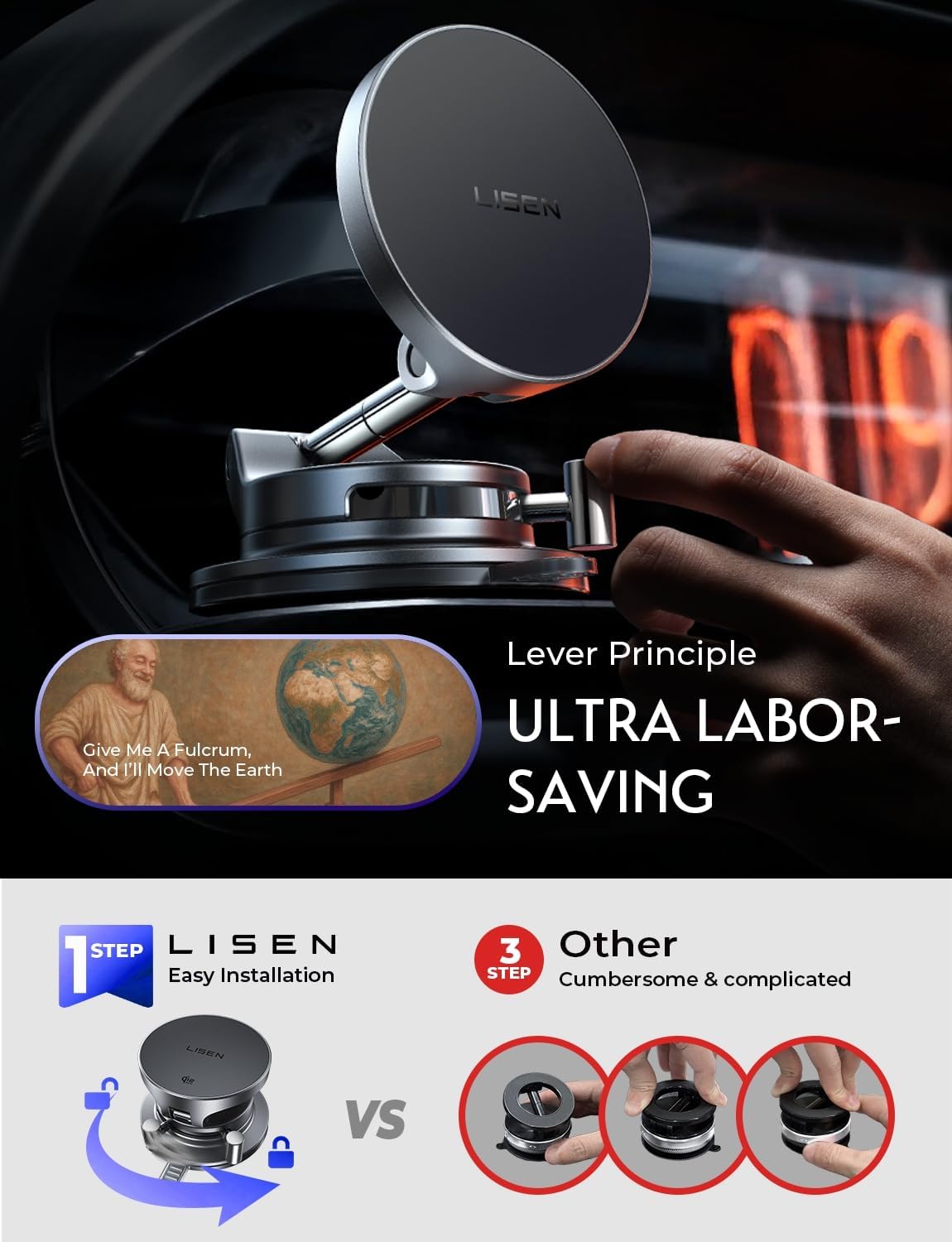 ORANGLES LISEN 15W MagSafe Car Mount Charger – Magnetic Wireless Car Charger & Suction Phone Holder for iPhone 17/16/15/14/13/12 (Truck & Jeep Accessories) - angled perspective - Image 4 of 5 | excellent for daily use | New York | Free Shipping ORANGLES