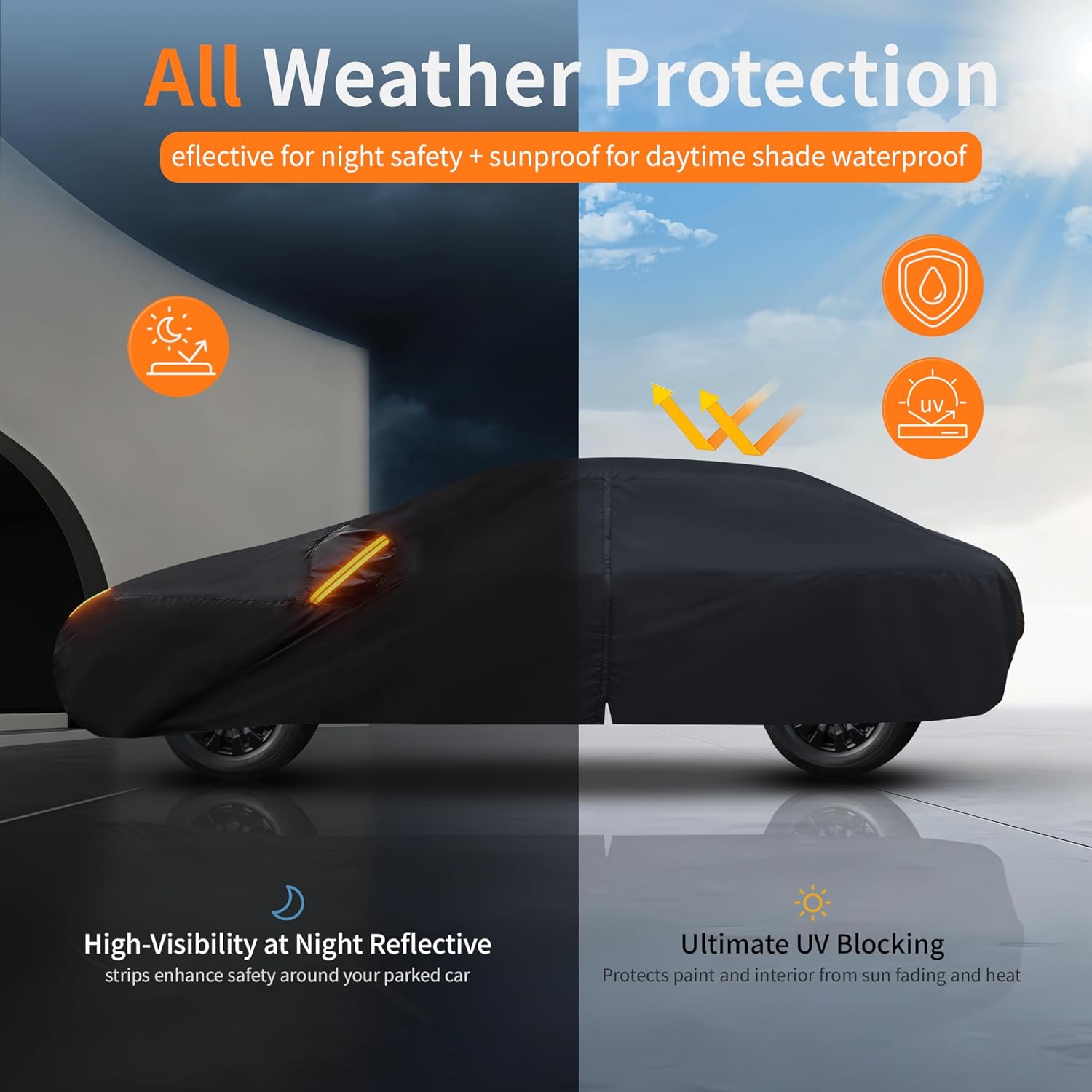 ORANGLES Waterproof Car Cover All-Weather – Heavy Duty Outdoor Full Exterior Sedan Cover with Sun Visor, Zipper Door & Storage Bag for 186-193 Inch Sedans (Black) - detailed closeup view - Image 3 of 5 | great for travel | Texas | Free Shipping ORANGLES