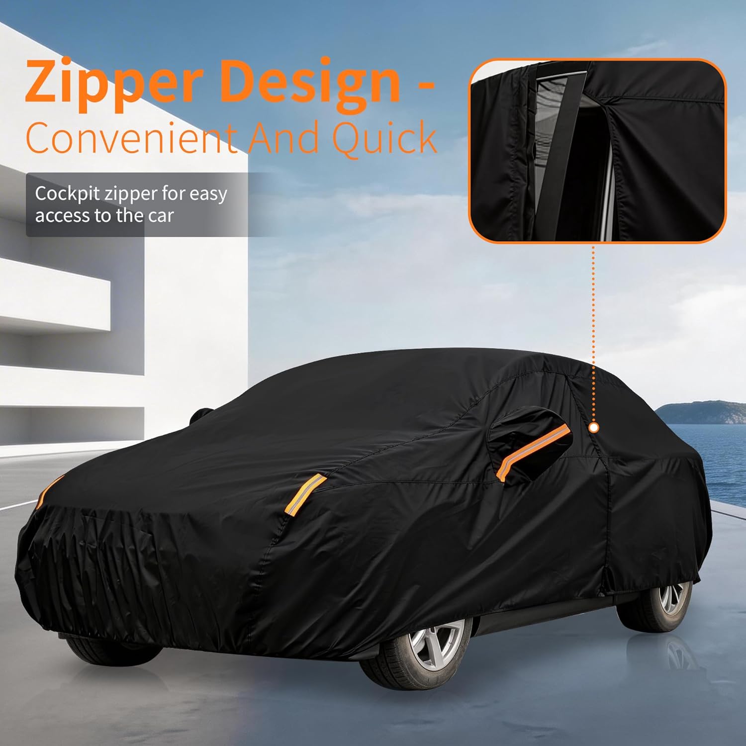 ORANGLES Waterproof Car Cover All-Weather – Heavy Duty Outdoor Full Exterior Sedan Cover with Sun Visor, Zipper Door & Storage Bag for 186-193 Inch Sedans (Black) - angled perspective - Image 4 of 5 | excellent for daily use | New York | Free Shipping ORANGLES