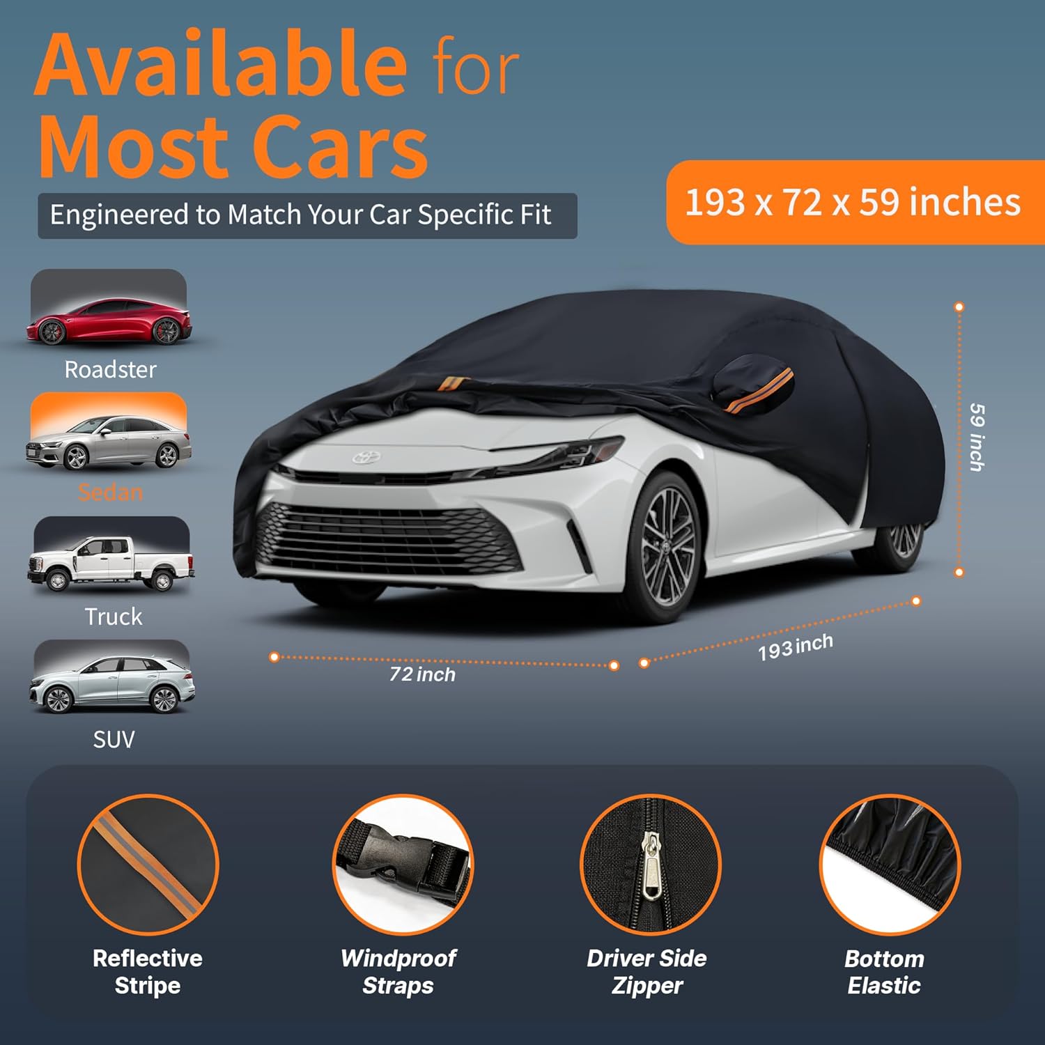 ORANGLES Waterproof Car Cover All-Weather – Heavy Duty Outdoor Full Exterior Sedan Cover with Sun Visor, Zipper Door & Storage Bag for 186-193 Inch Sedans (Black) - full product showcase - Image 5 of 5 | suitable for professionals | Florida | Free Shipping ORANGLES