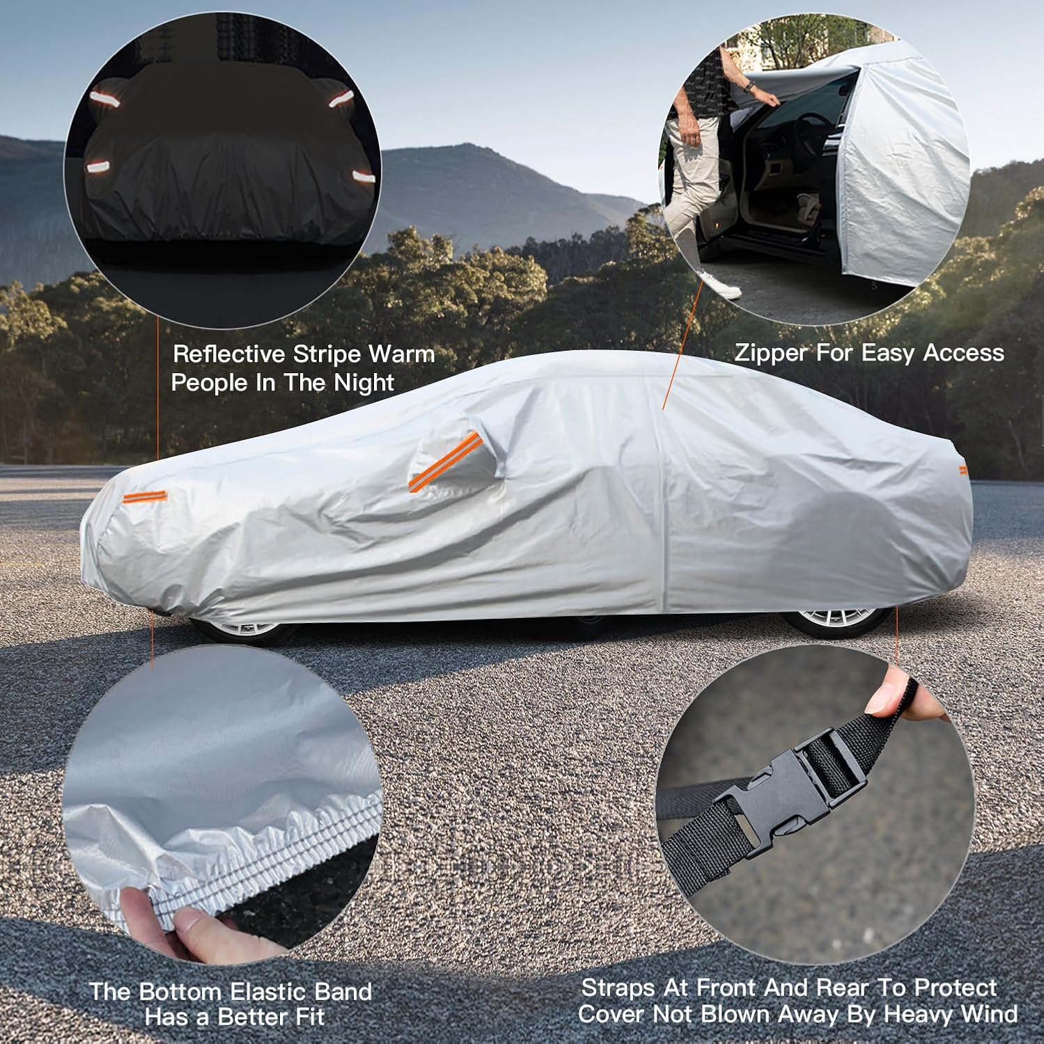 ORANGLES Kayme 6 Layers Waterproof Car Cover All Weather – Outdoor Full Automobile Cover with UV Protection, Zipper & Cotton Lining for Sedans 186-193 Inch (A2 3XL) - angled perspective - Image 4 of 5 | excellent for daily use | New York | Free Shipping ORANGLES