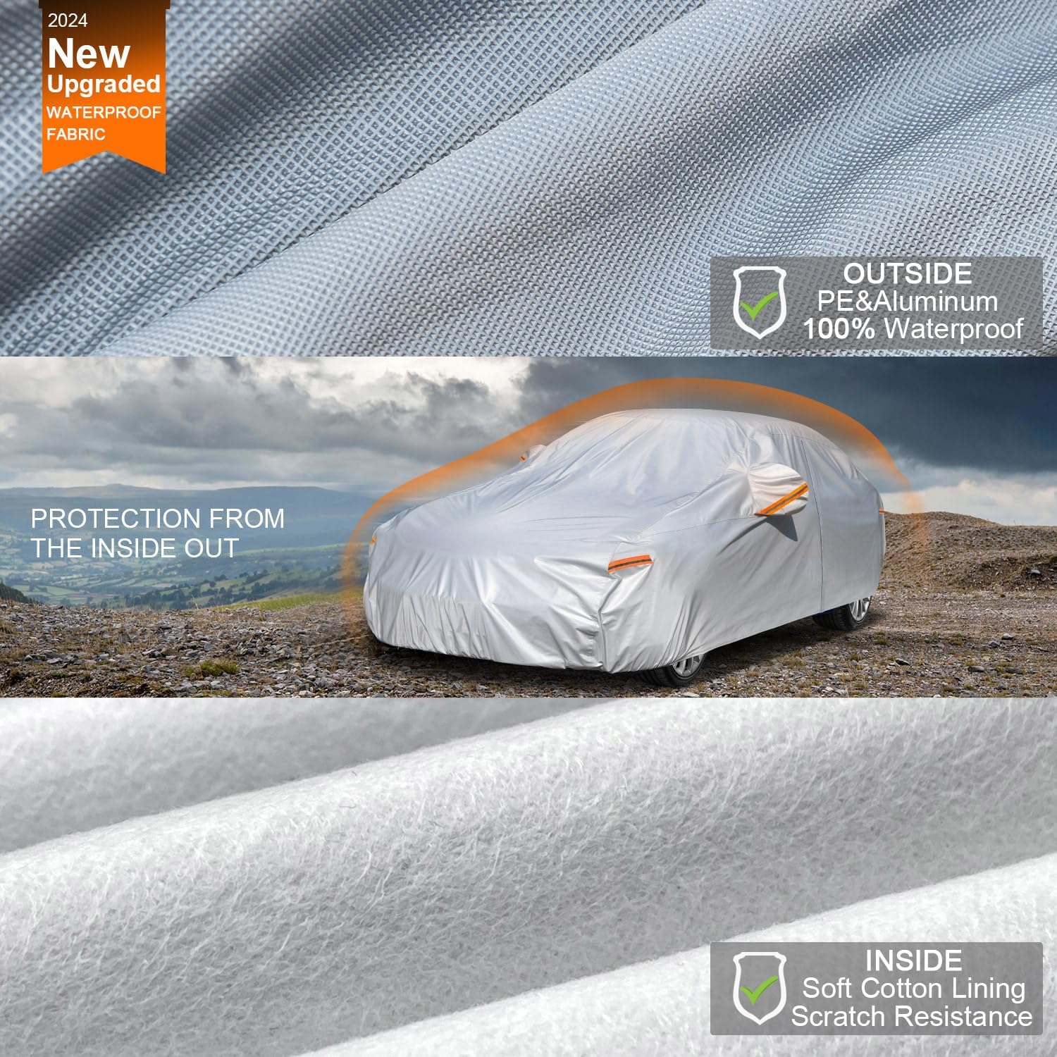 ORANGLES Kayme 6 Layers Waterproof Car Cover All Weather – Outdoor Full Automobile Cover with UV Protection, Zipper & Cotton Lining for Sedans 186-193 Inch (A2 3XL) - full product showcase - Image 5 of 5 | suitable for professionals | Florida | Free Shipping ORANGLES