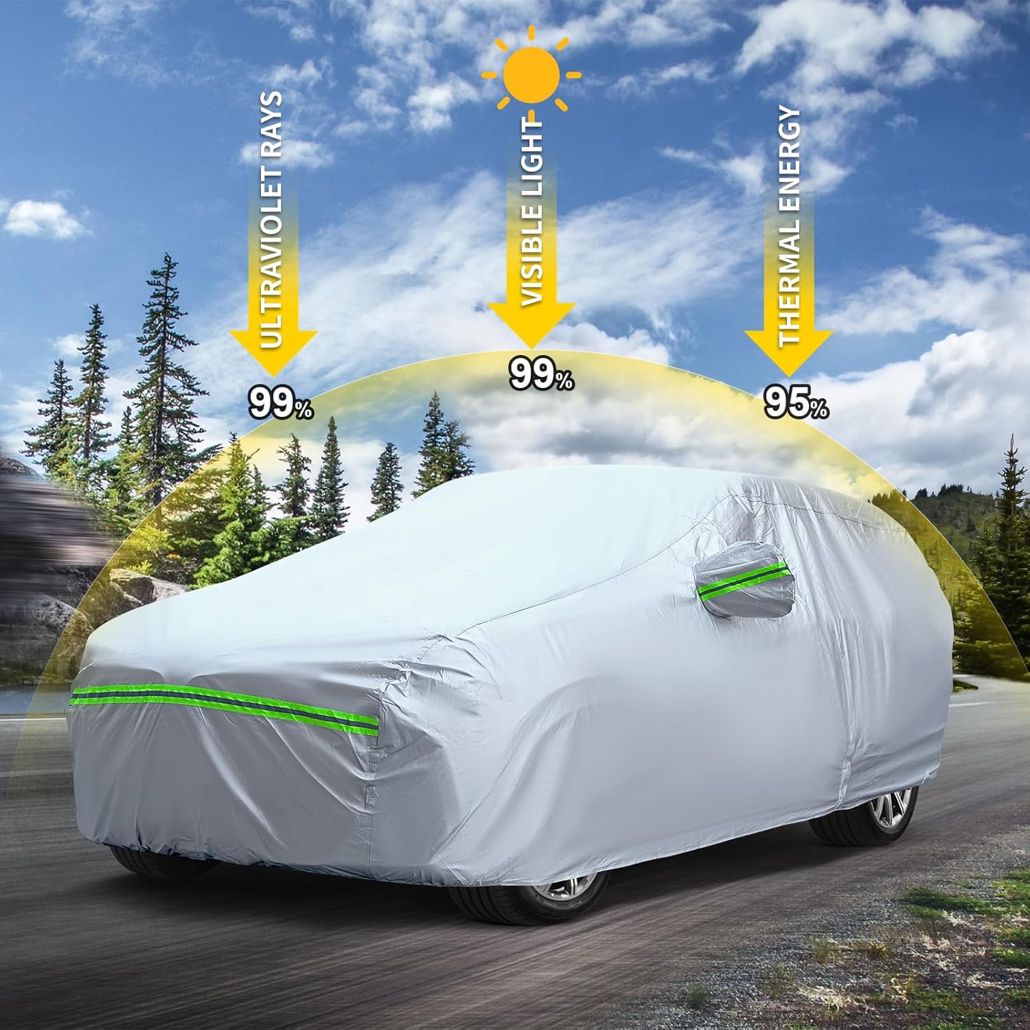 ORANGLES 6 Layers Full SUV Car Cover – Waterproof All Weather Outdoor Vehicle Cover with Sunshield, Snow Proof, UV Protection & Reflective Strips for SUVs 181-190 Inch - detailed closeup view - Image 3 of 4 | great for travel | Texas | Free Shipping ORANGLES
