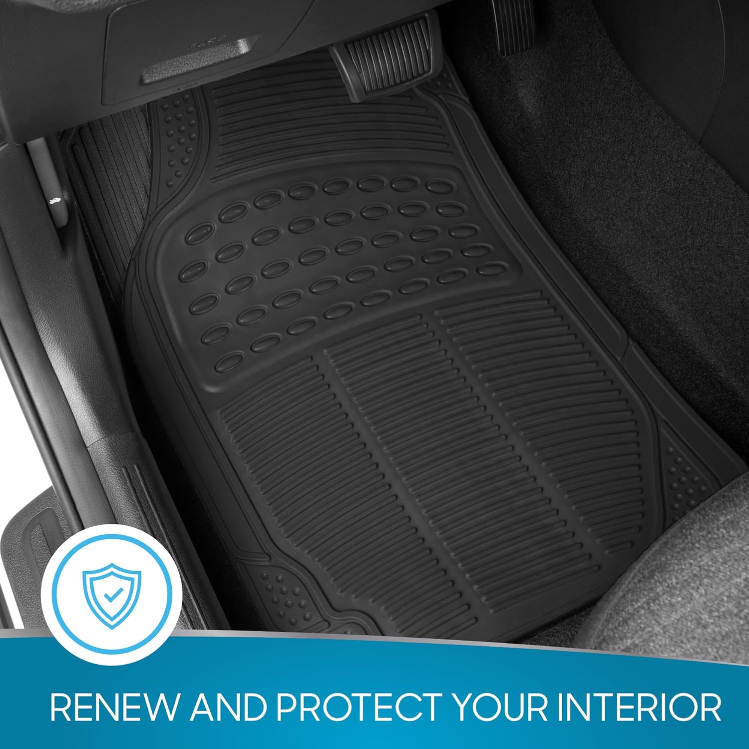 ORANGLES BDK 4-Piece All-Weather Floor Mats – Universal Fit Waterproof Rubber Car Floor Mats with Capture Ridges for Cars, Trucks & SUVs (Black) - detailed closeup view - Image 3 of 4 | great for travel | Texas | Free Shipping ORANGLES