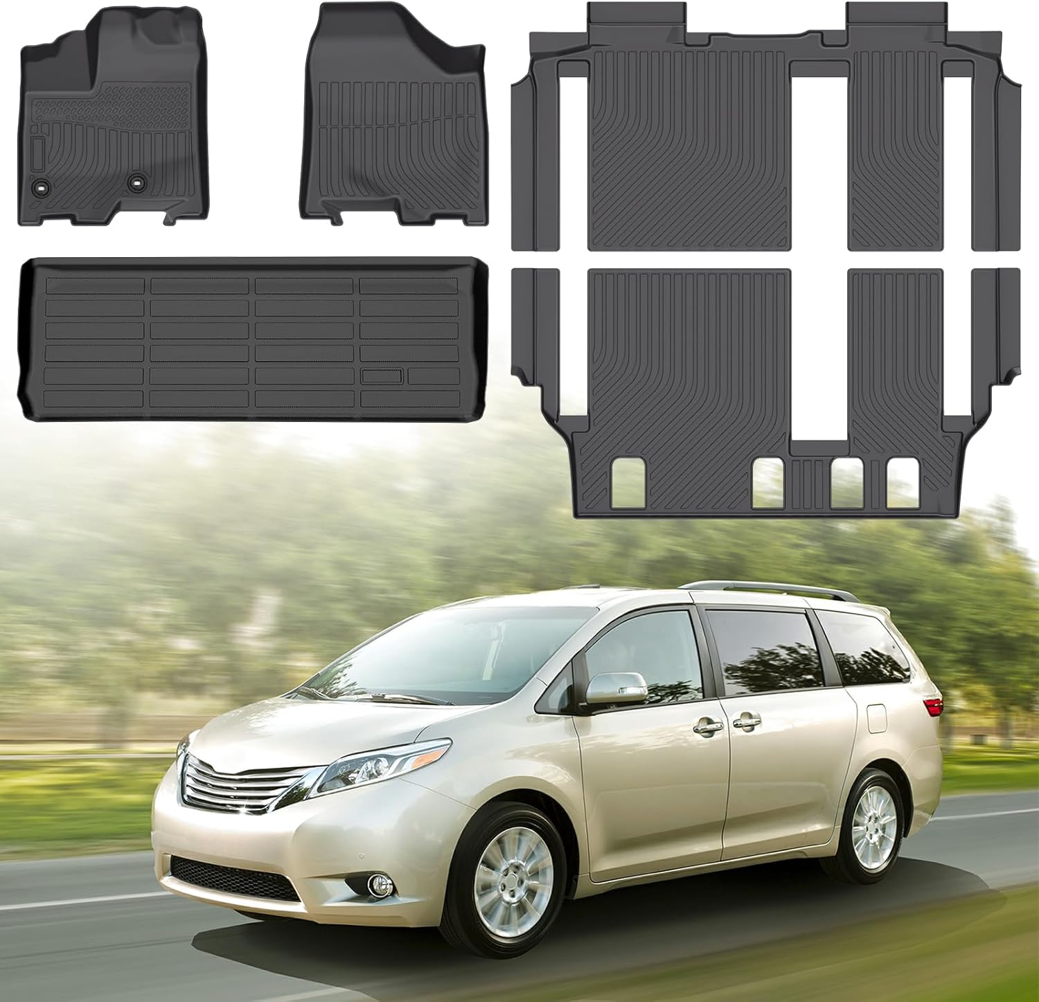 Custom Fit Floor Mats for Toyota Sienna 2013–2020 8 Seater – 3 Row All Weather Waterproof Anti-Slip Floor Liners & Cargo Mat Set