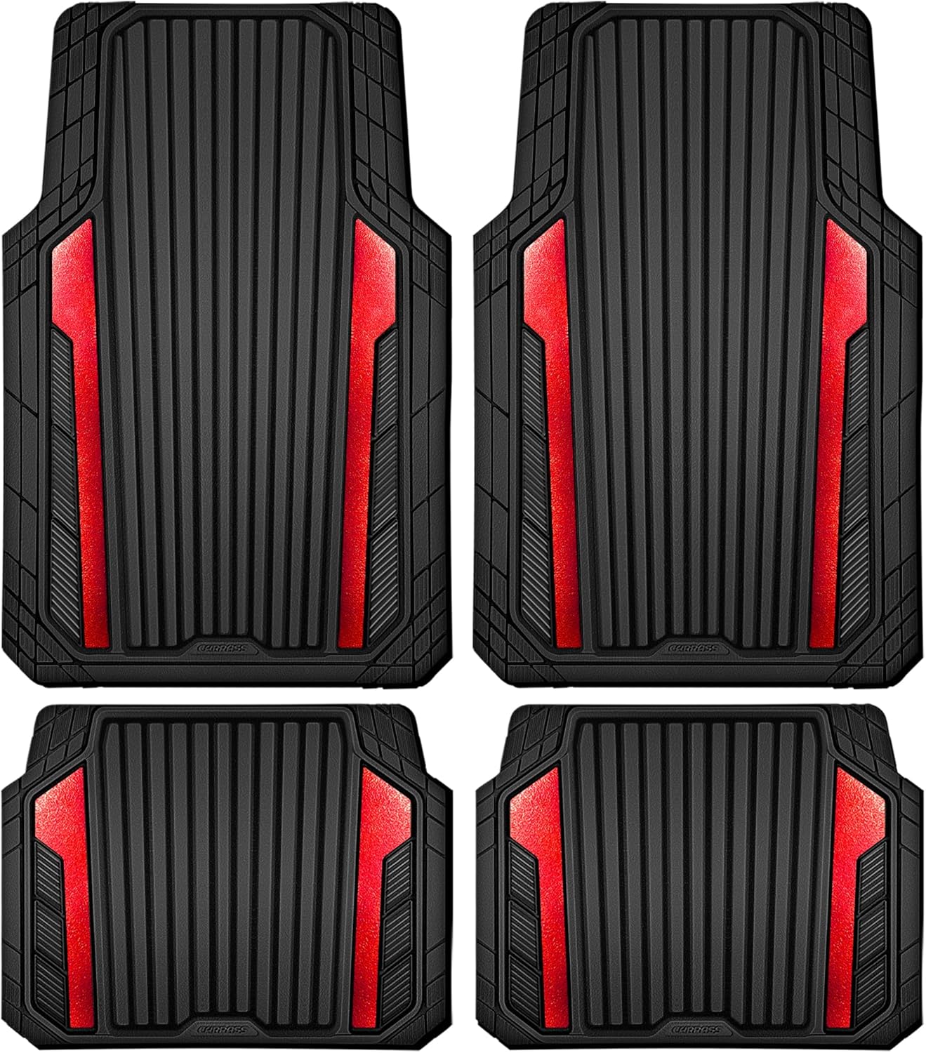 CAR PASS Heavy Duty Rubber Car Mats Metallic – Waterproof All Weather Deep Dish Floor Mats, Universal Trim-to-Fit 4 Piece Set for SUV, Sedan & Van (Black Red Chrome)