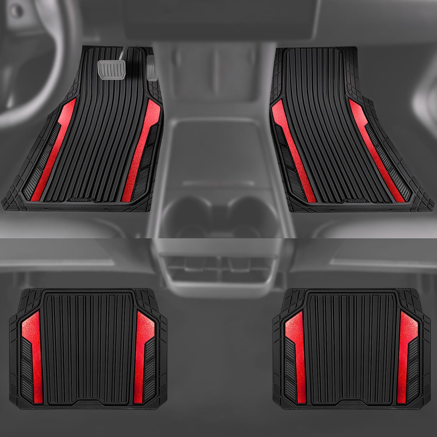 ORANGLES CAR PASS Heavy Duty Rubber Car Mats Metallic – Waterproof All Weather Deep Dish Floor Mats, Universal Trim-to-Fit 4 Piece Set for SUV, Sedan & Van (Black Red Chrome) - high resolution display - Image 2 of 5 | perfect for office | California | Free Shipping ORANGLES