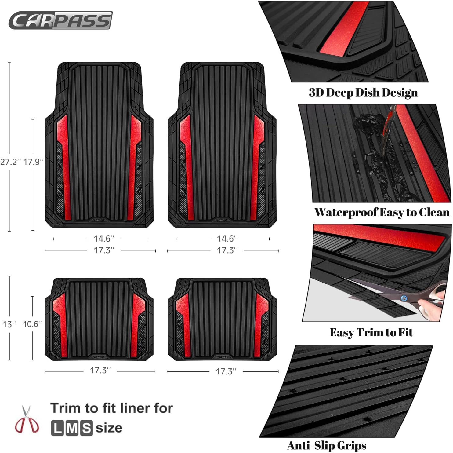 ORANGLES CAR PASS Heavy Duty Rubber Car Mats Metallic – Waterproof All Weather Deep Dish Floor Mats, Universal Trim-to-Fit 4 Piece Set for SUV, Sedan & Van (Black Red Chrome) - detailed closeup view - Image 3 of 5 | great for travel | Texas | Free Shipping ORANGLES