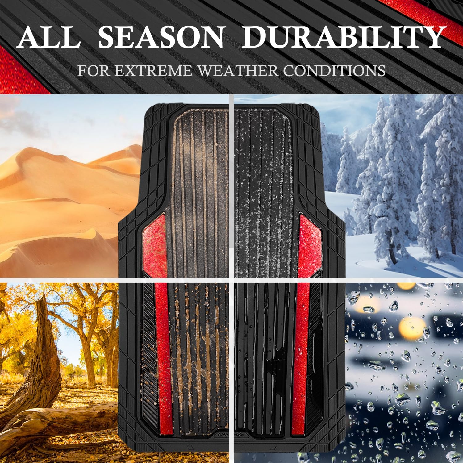 ORANGLES CAR PASS Heavy Duty Rubber Car Mats Metallic – Waterproof All Weather Deep Dish Floor Mats, Universal Trim-to-Fit 4 Piece Set for SUV, Sedan & Van (Black Red Chrome) - angled perspective - Image 4 of 5 | excellent for daily use | New York | Free Shipping ORANGLES