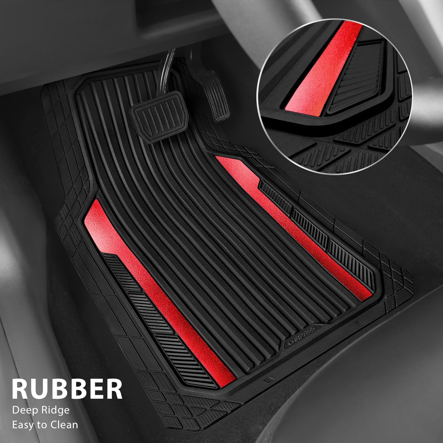 ORANGLES CAR PASS Heavy Duty Rubber Car Mats Metallic – Waterproof All Weather Deep Dish Floor Mats, Universal Trim-to-Fit 4 Piece Set for SUV, Sedan & Van (Black Red Chrome) - full product showcase - Image 5 of 5 | suitable for professionals | Florida | Free Shipping ORANGLES