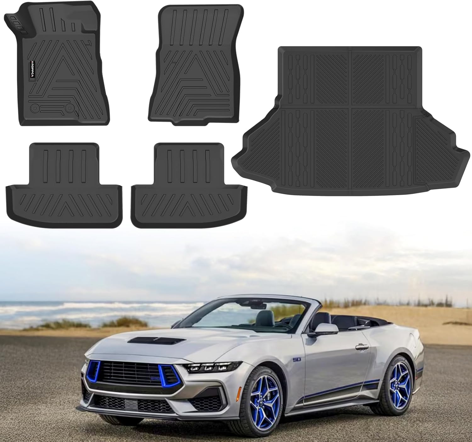 All Weather Floor Mats & Cargo Liner for Ford Mustang 2015–2025 (Not for Mach-E) – TPE Rubber Full Set Anti-Slip Floor Liners & Trunk Mat Accessories