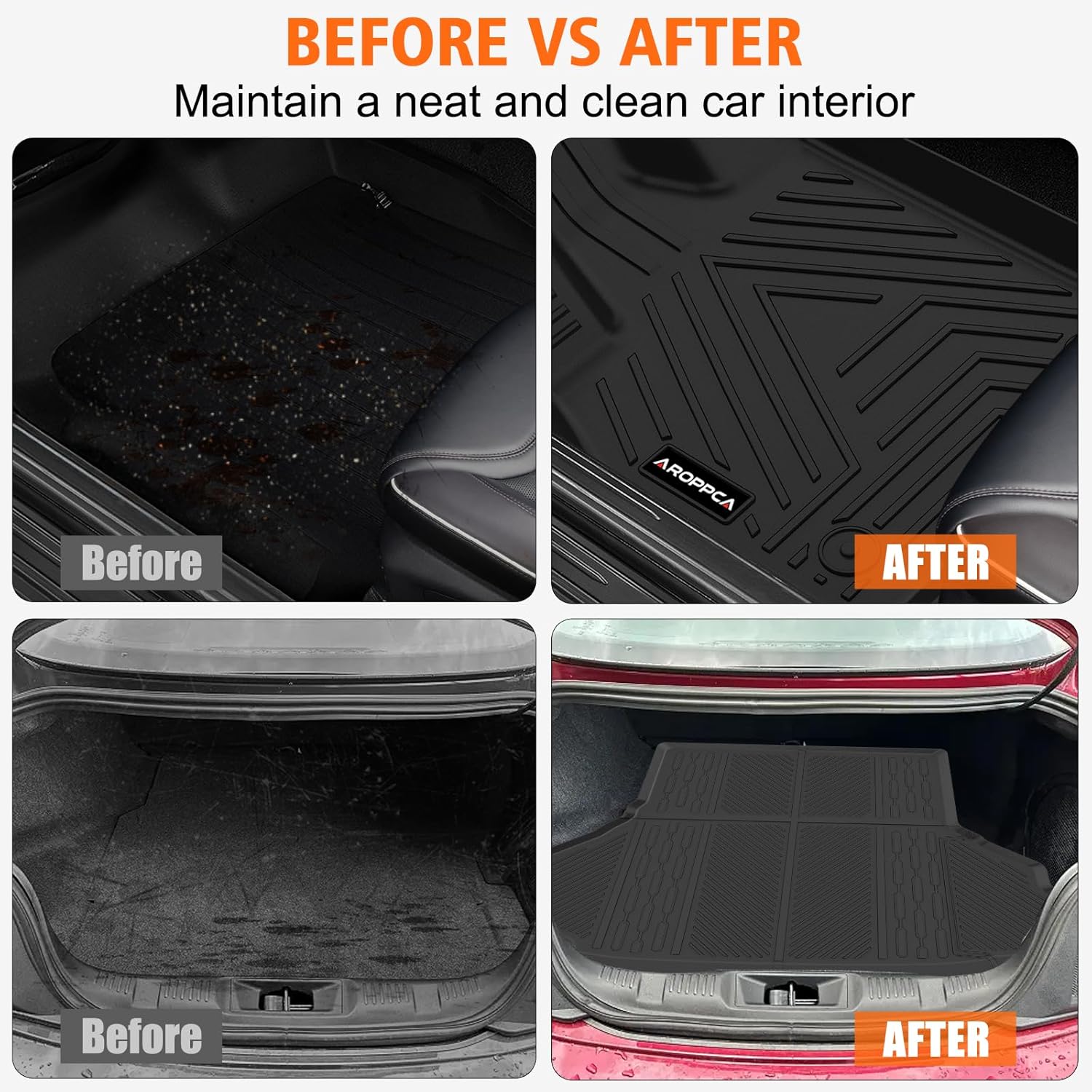 ORANGLES All Weather Floor Mats & Cargo Liner for Ford Mustang 2015–2025 (Not for Mach-E) – TPE Rubber Full Set Anti-Slip Floor Liners & Trunk Mat Accessories - high resolution display - Image 2 of 5 | perfect for office | California | Free Shipping ORANGLES