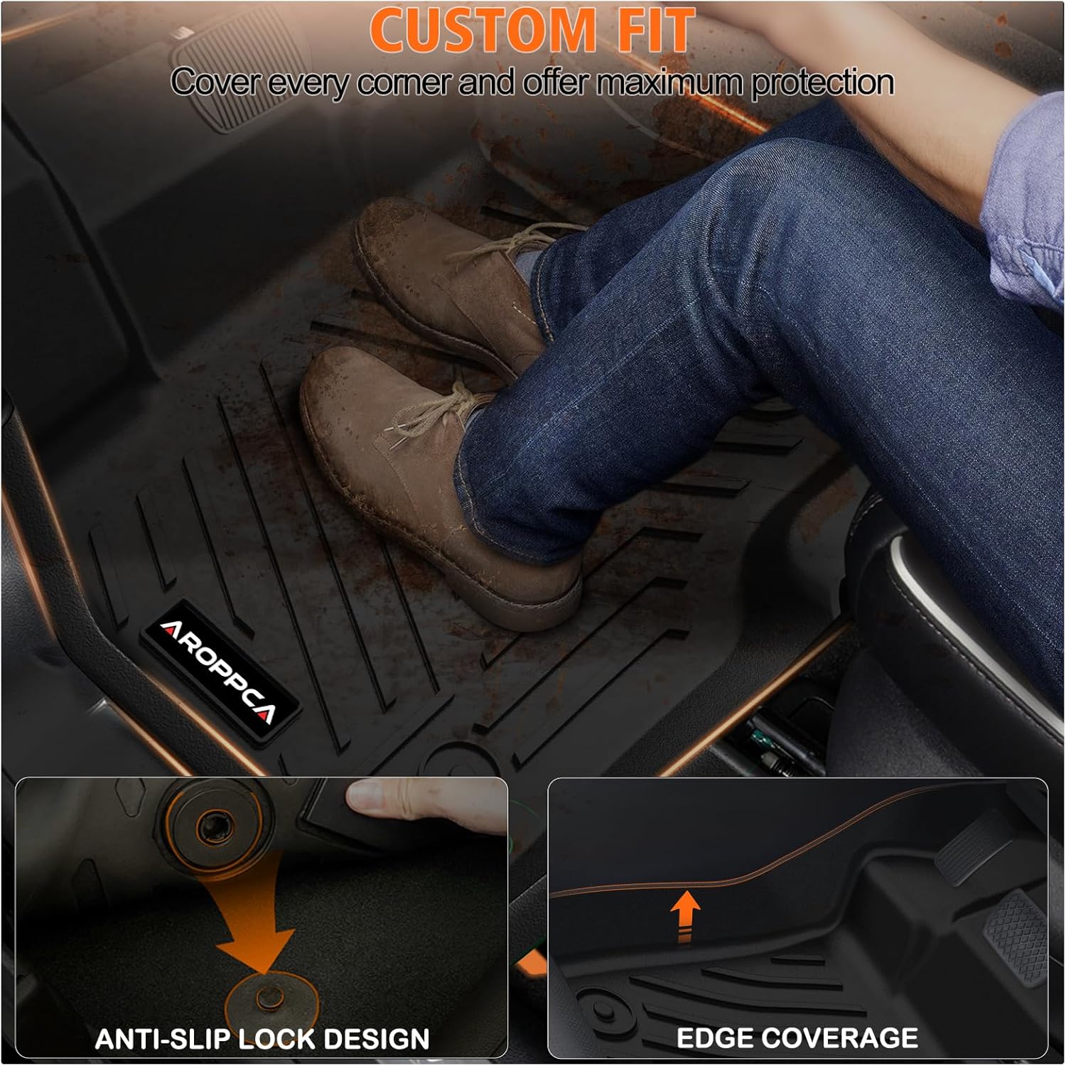 ORANGLES All Weather Floor Mats & Cargo Liner for Ford Mustang 2015–2025 (Not for Mach-E) – TPE Rubber Full Set Anti-Slip Floor Liners & Trunk Mat Accessories - detailed closeup view - Image 3 of 5 | great for travel | Texas | Free Shipping ORANGLES