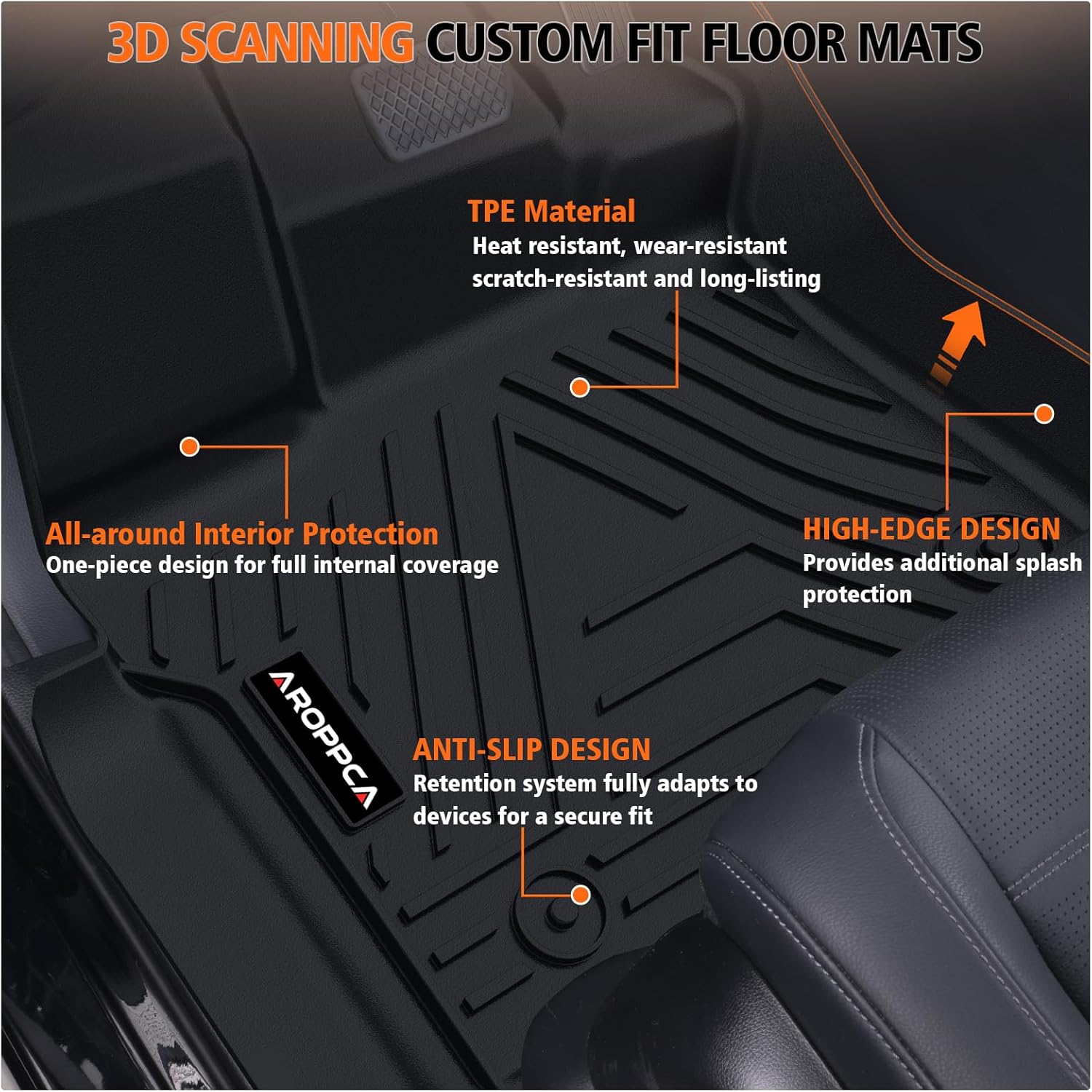 ORANGLES All Weather Floor Mats & Cargo Liner for Ford Mustang 2015–2025 (Not for Mach-E) – TPE Rubber Full Set Anti-Slip Floor Liners & Trunk Mat Accessories - angled perspective - Image 4 of 5 | excellent for daily use | New York | Free Shipping ORANGLES