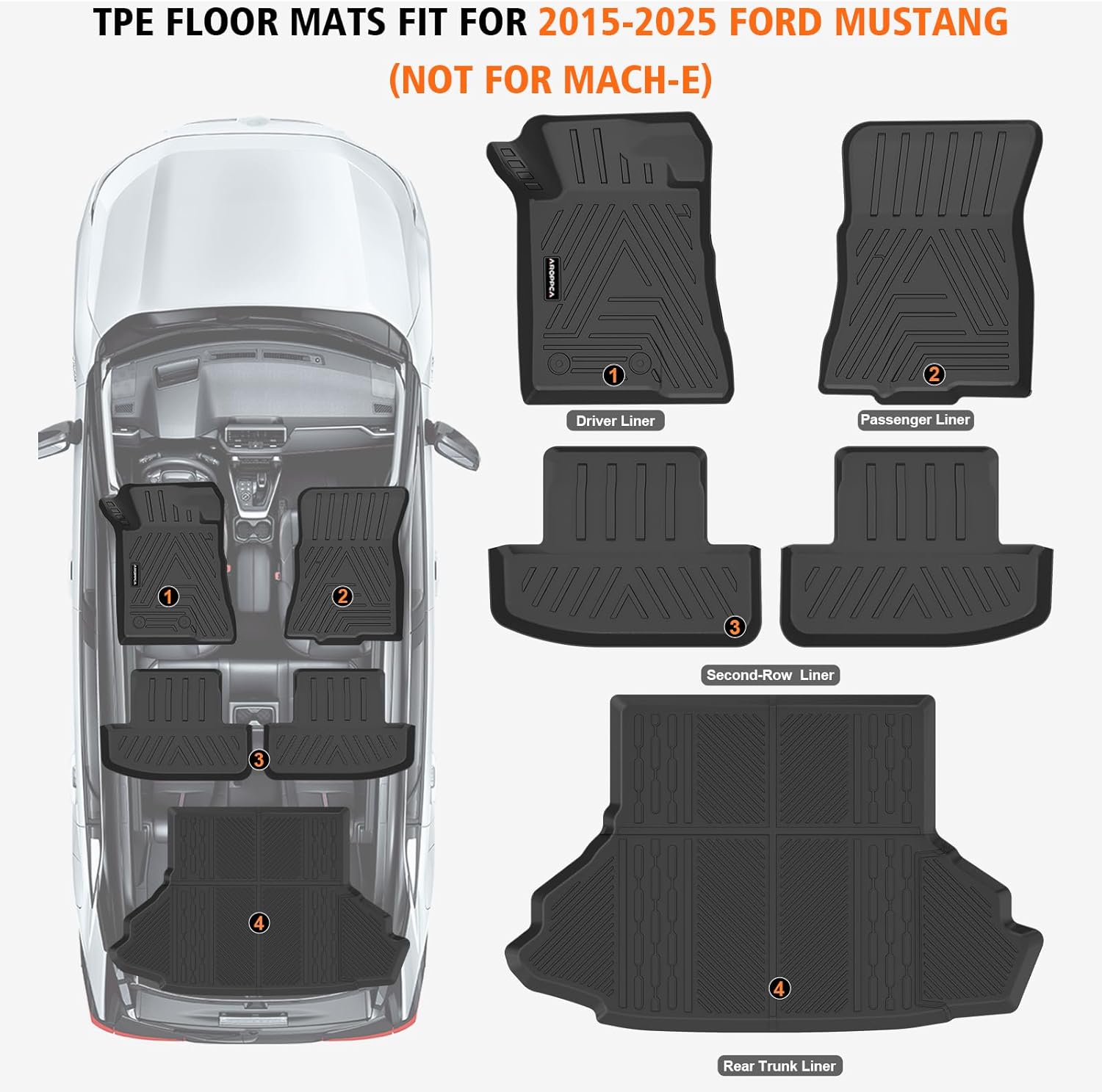 ORANGLES All Weather Floor Mats & Cargo Liner for Ford Mustang 2015–2025 (Not for Mach-E) – TPE Rubber Full Set Anti-Slip Floor Liners & Trunk Mat Accessories - full product showcase - Image 5 of 5 | suitable for professionals | Florida | Free Shipping ORANGLES