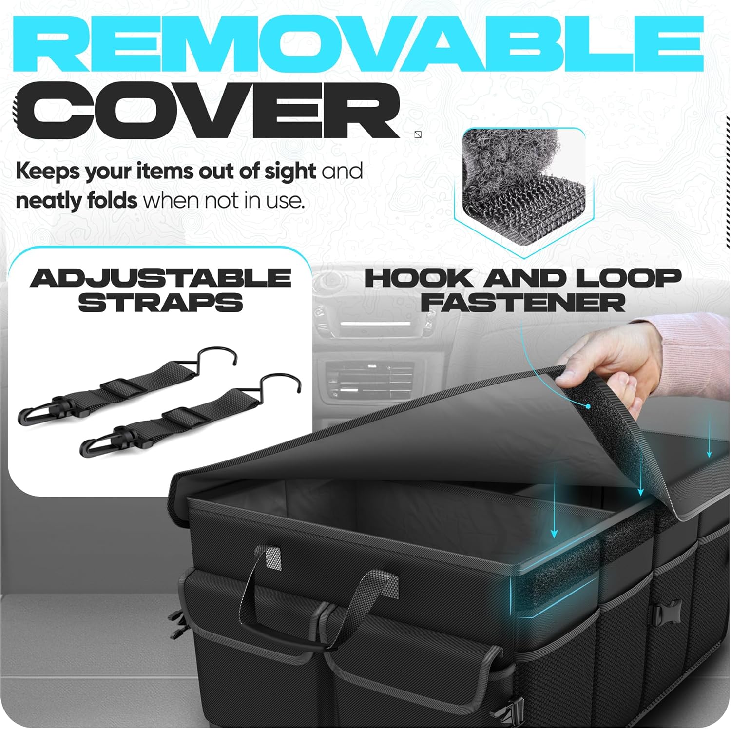 ORANGLES FORTEM Trunk Organizer for SUV – 50L Foldable Car Storage Organizer with Non-Slip Bottom, Straps & Soft Cover (600D Oxford, Collapsible) - detailed closeup view - Image 3 of 5 | great for travel | Texas | Free Shipping ORANGLES