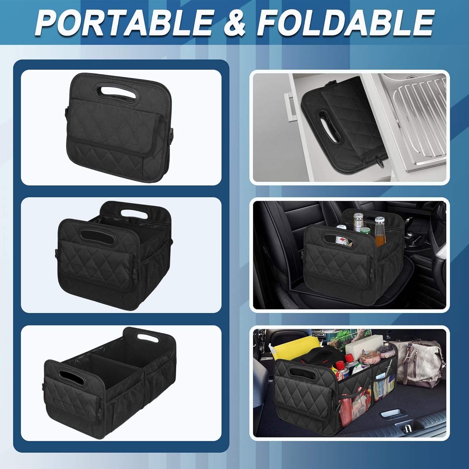 ORANGLES Deosk Car Trunk Organizer for SUV – 50L Waterproof Polyester Foldable Storage Box with 6 Pockets, Car Storage Organizer for Women & Men (Black) - detailed closeup view - Image 3 of 4 | great for travel | Texas | Free Shipping ORANGLES