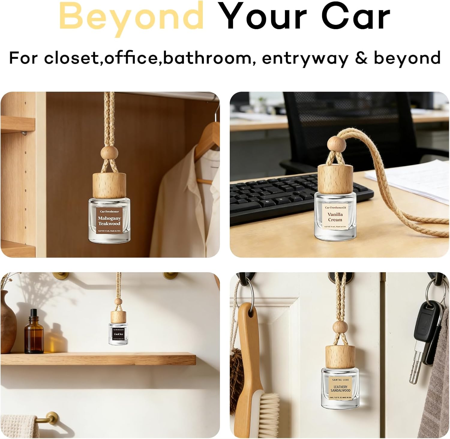 ORANGLES C Classy Hanging Car Air Freshener 2 Pack – Mahogany Teakwood Essential Oil Diffuser with Glass Bottle, Long-Lasting Car Fragrance for Men & Women - detailed closeup view - Image 3 of 5 | great for travel | Texas | Free Shipping ORANGLES