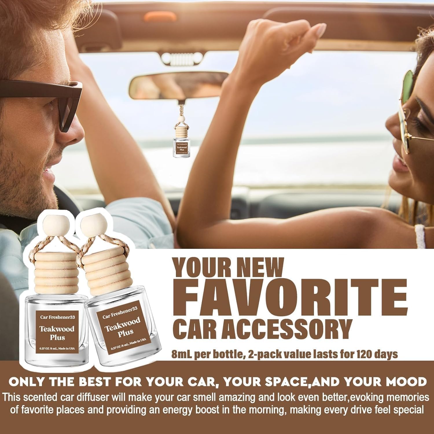 ORANGLES C Classy Hanging Car Air Freshener 2 Pack – Mahogany Teakwood Essential Oil Diffuser with Glass Bottle, Long-Lasting Car Fragrance for Men & Women - angled perspective - Image 4 of 5 | excellent for daily use | New York | Free Shipping ORANGLES