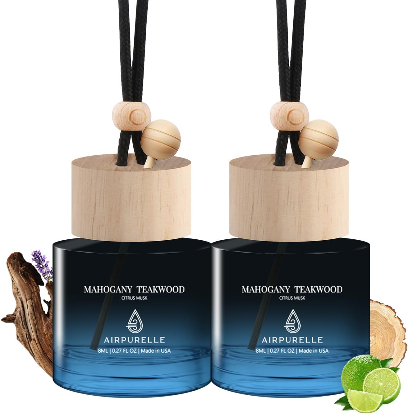 Car Air Freshener Hanging Diffuser 2 Pack – Mahogany Teakwood Fragrance Oil Car Air Fresheners, Long Lasting Hanging Car Perfume (45+ Days, Made in USA)