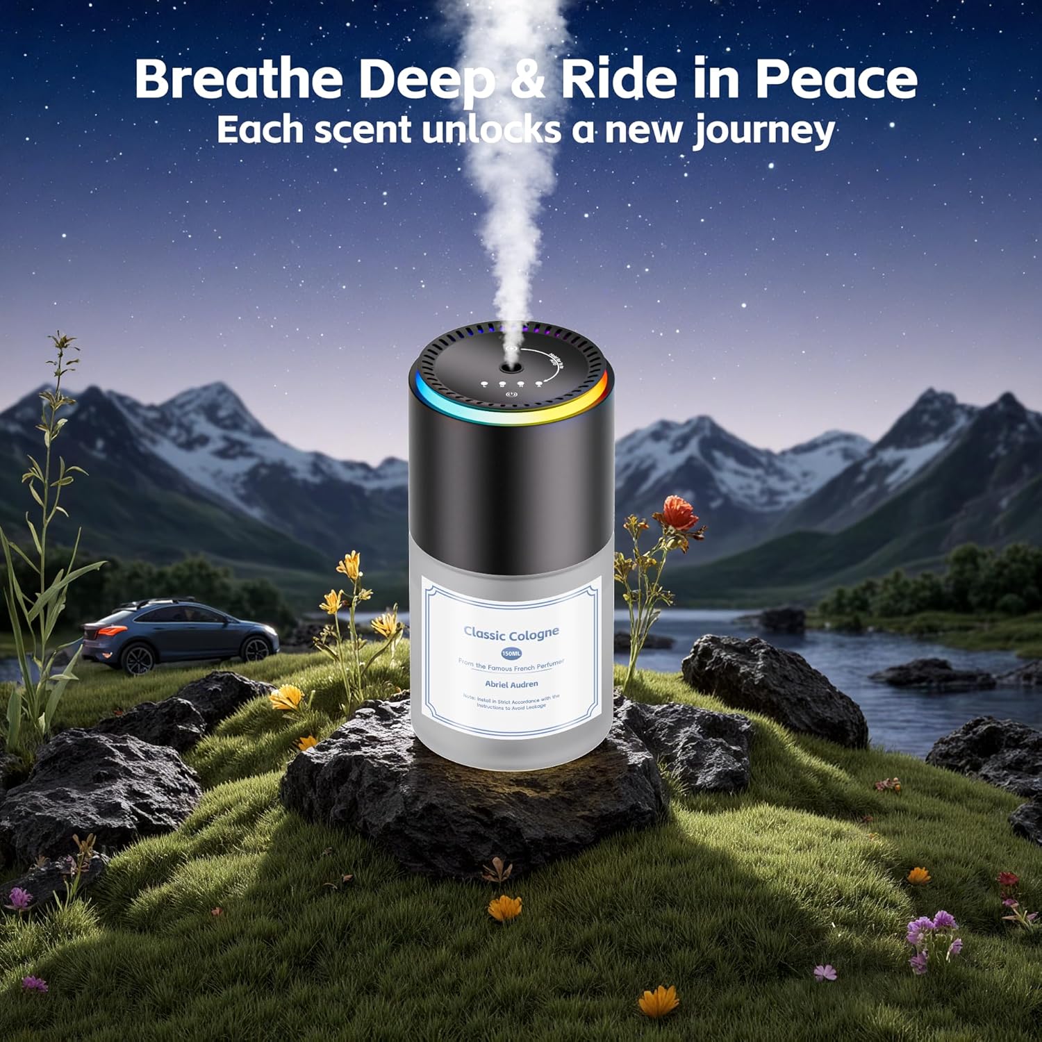 ORANGLES Klomsuw Smart Car Air Freshener Diffuser – 150ML Multi-Fragrance Car Aroma Diffuser with RGB Music Sync Light & Auto On/Off (Cologne) - full product showcase - Image 5 of 6 | suitable for professionals | Florida | Free Shipping ORANGLES