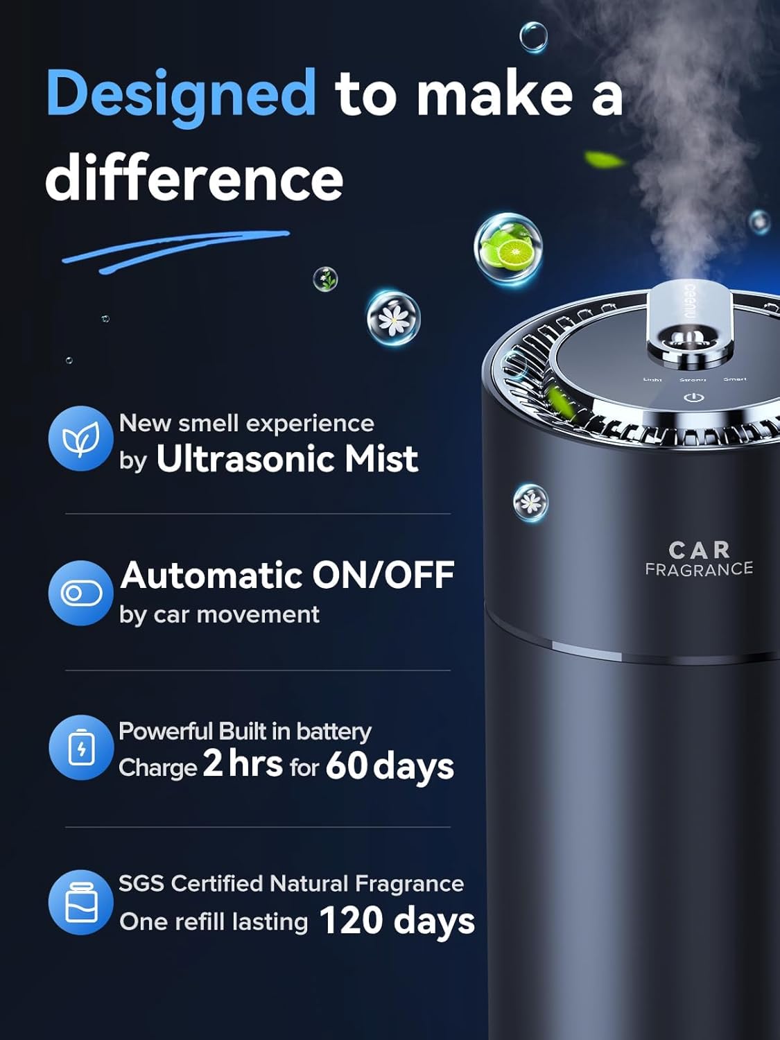 ORANGLES Ceeniu Smart Car Air Freshener – Ultrasonic Mist Aroma Diffuser with Auto On/Off, Adjustable Natural Cologne Fragrance & Built-In Battery - elegant presentation - Image 6 of 6 | designed for enthusiasts | Illinois | Free Shipping ORANGLES
