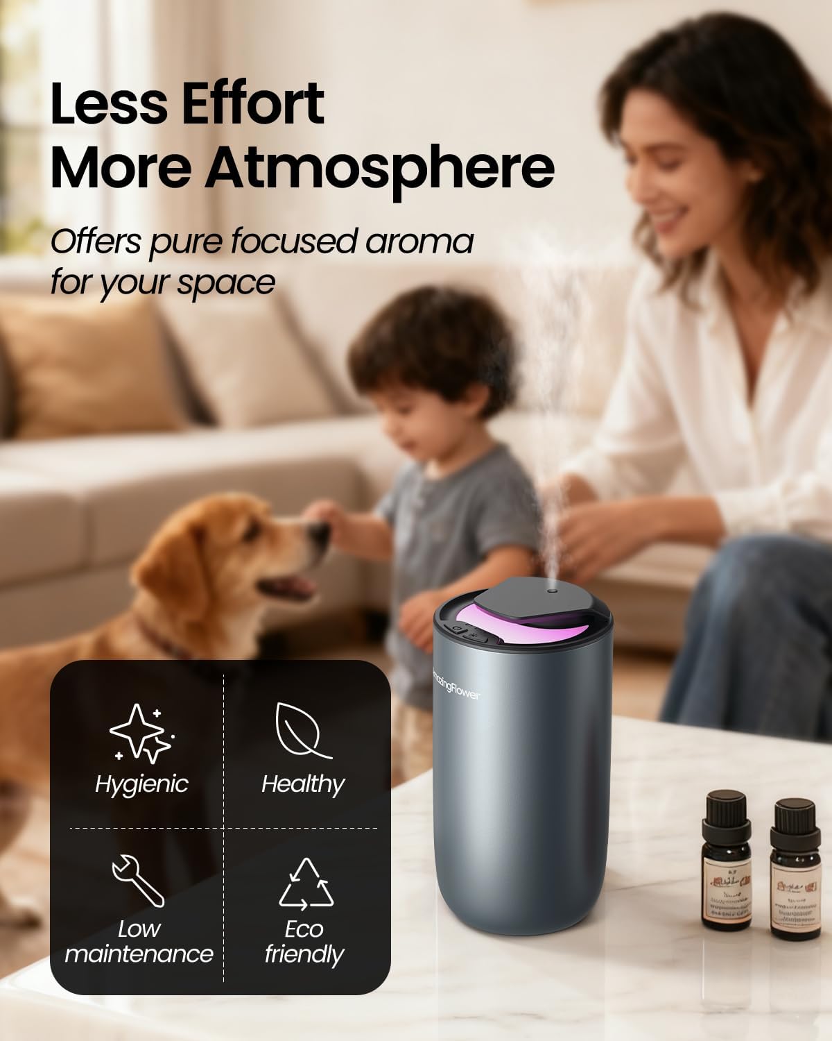 ORANGLES Smart Waterless Essential Oil Diffuser – Rechargeable Car Air Freshener with 3 Mist Modes, LED Lights & Auto On/Off Aroma Diffuser - angled perspective - Image 4 of 5 | excellent for daily use | New York | Free Shipping ORANGLES