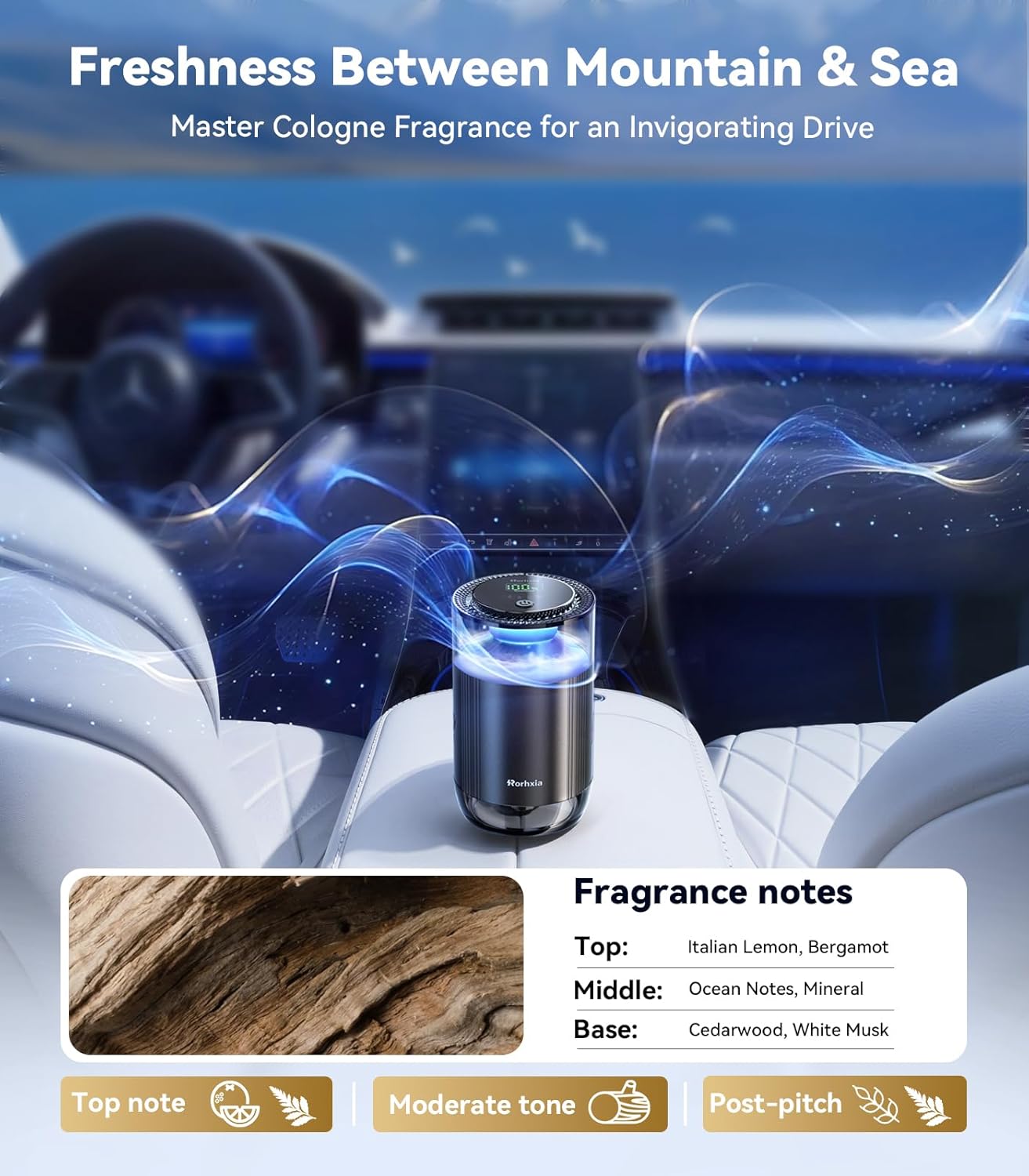 ORANGLES Rorhxia Smart Car Air Freshener – Premium Scenic Cologne Diffuser with Auto On/Off, Adjustable Intensity & Long-Lasting Fragrance - angled perspective - Image 4 of 4 | excellent for daily use | New York | Free Shipping ORANGLES