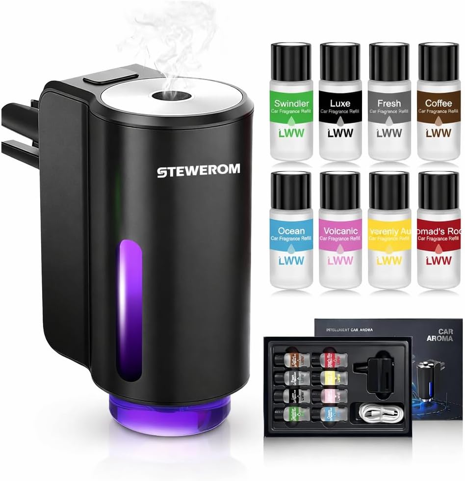 Smart Car Air Freshener Diffuser – Rechargeable Essential Oil Humidifier with 3-Speed Adjustable Intensity & 8 Perfume Bottles (Black)