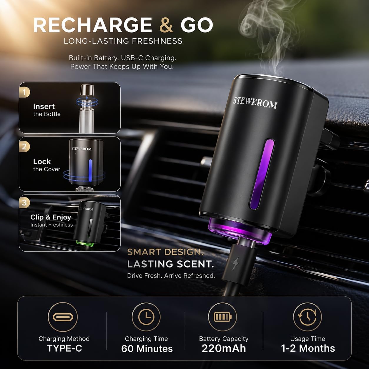ORANGLES Smart Car Air Freshener Diffuser – Rechargeable Essential Oil Humidifier with 3-Speed Adjustable Intensity & 8 Perfume Bottles (Black) - high resolution display - Image 2 of 4 | perfect for office | California | Free Shipping ORANGLES