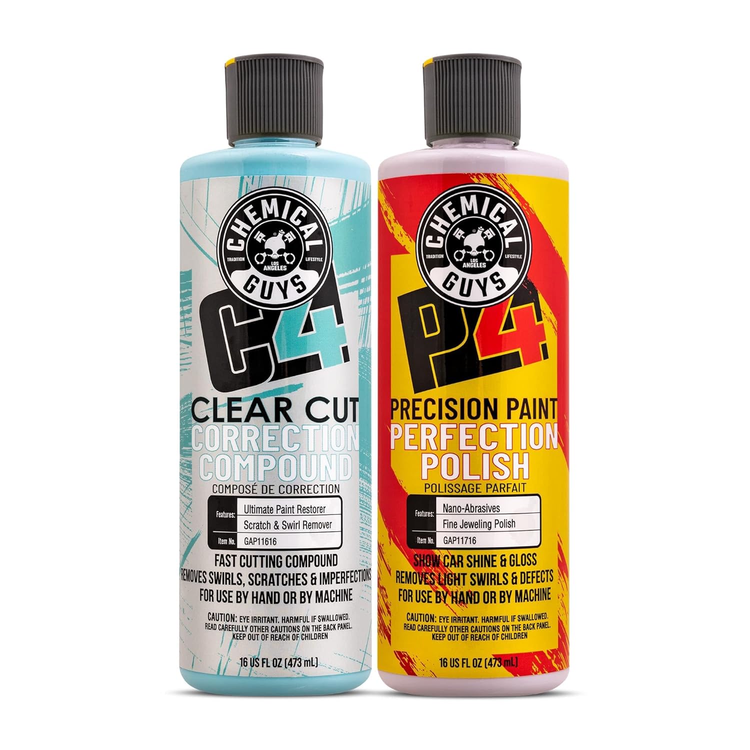 Chemical Guys C4 & P4 Clear Cut Correction Compound and Precision Paint Polish Combo – Scratch & Swirl Remover Polishing Kit, Gloss Restoration System (2 x 16 oz)