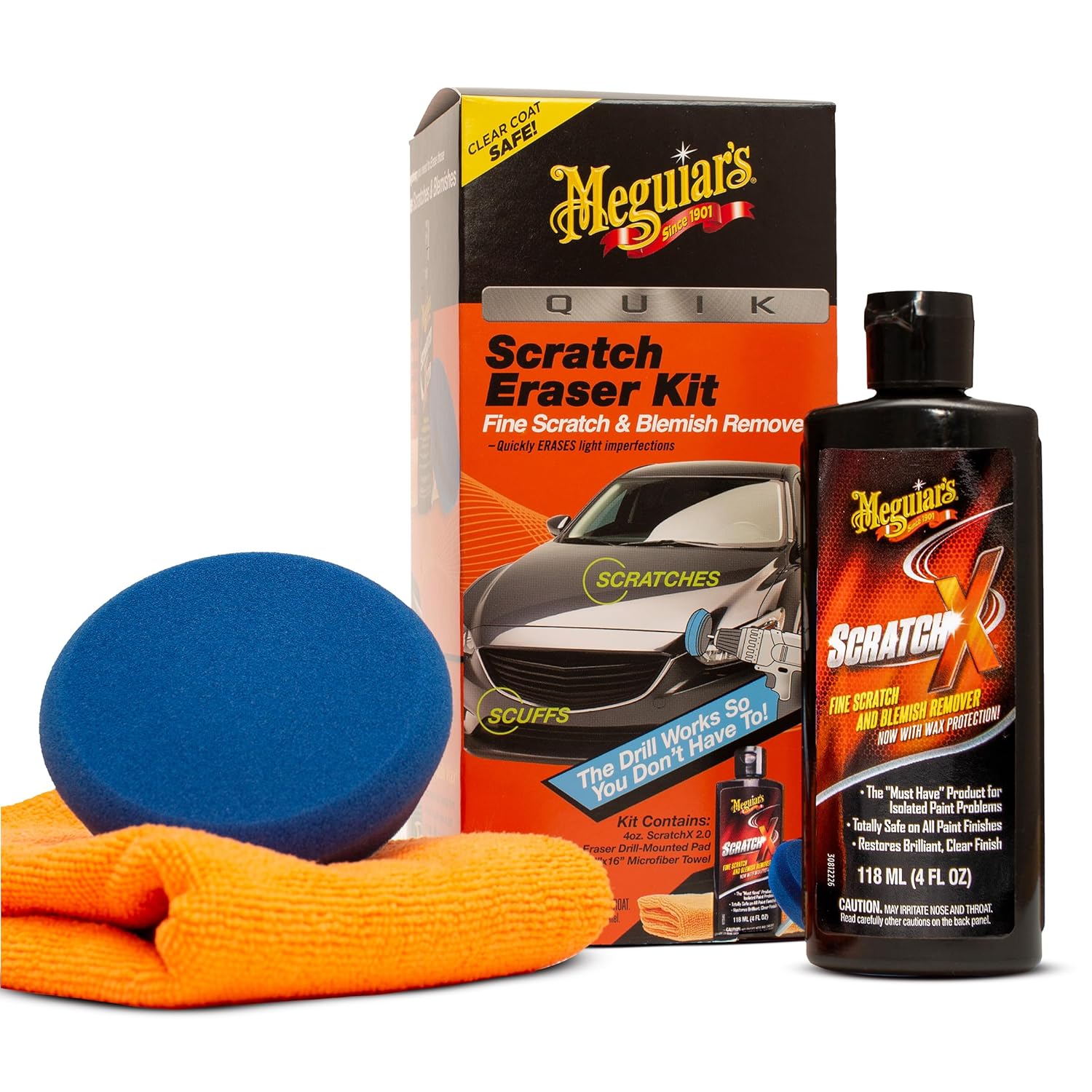 Meguiar's Quik Eraser Kit – Car Scratch Remover Kit with ScratchX, Drill-Mounted Polishing Pad & Microfiber Towel for Surface Blemish Repair (4 Count)