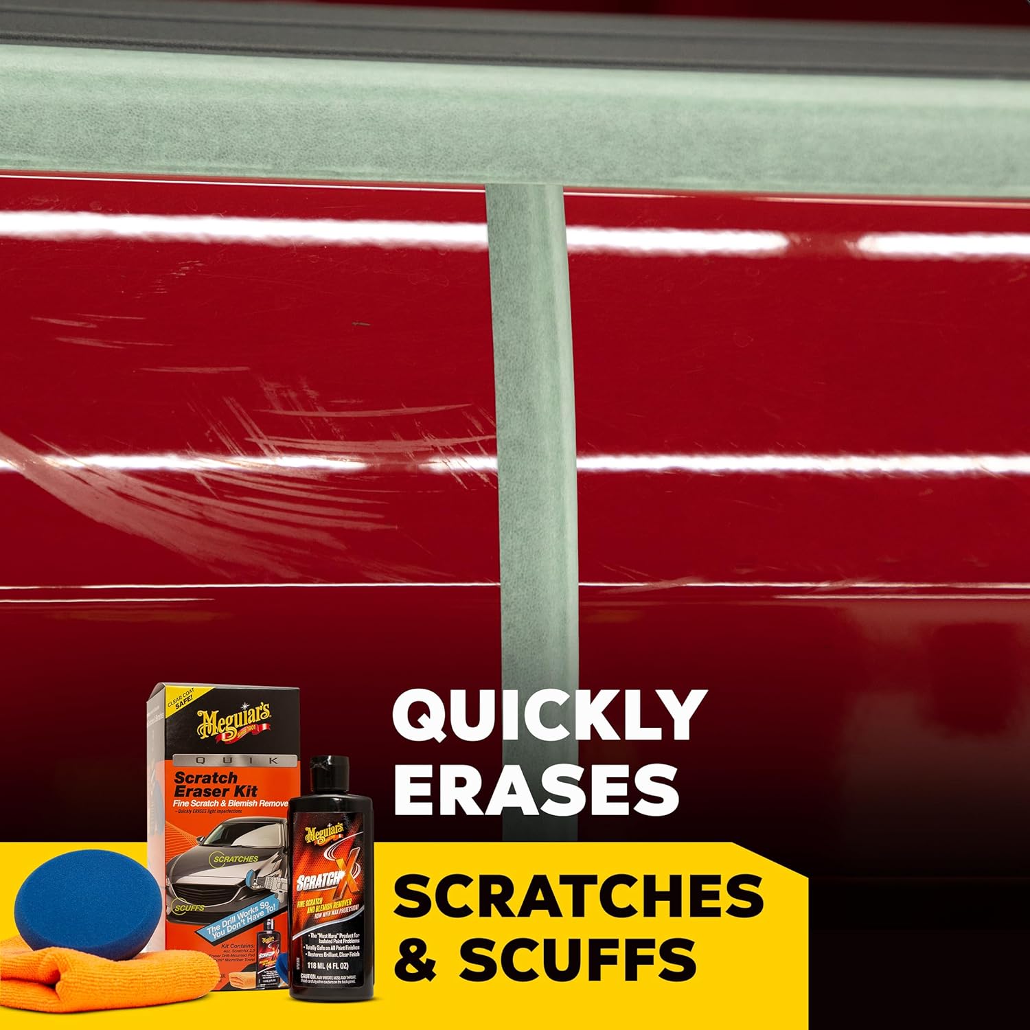 ORANGLES Meguiar's Quik Eraser Kit – Car Scratch Remover Kit with ScratchX, Drill-Mounted Polishing Pad & Microfiber Towel for Surface Blemish Repair (4 Count) - detailed closeup view - Image 3 of 6 | great for travel | Texas | Free Shipping ORANGLES