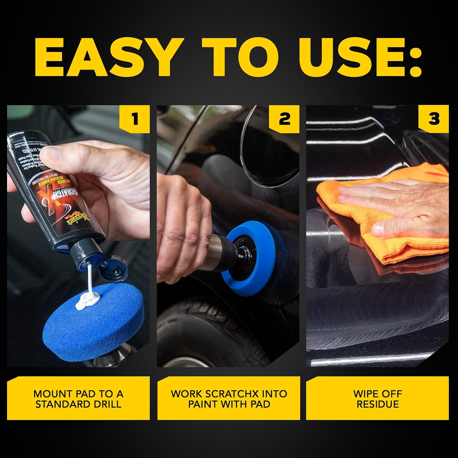 ORANGLES Meguiar's Quik Eraser Kit – Car Scratch Remover Kit with ScratchX, Drill-Mounted Polishing Pad & Microfiber Towel for Surface Blemish Repair (4 Count) - angled perspective - Image 4 of 6 | excellent for daily use | New York | Free Shipping ORANGLES