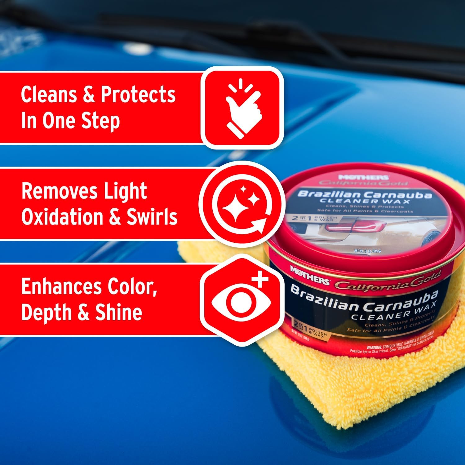 ORANGLES Mothers California Gold Brazilian Carnauba Cleaner Wax (05500) – 12 oz Paste, All-in-One Cleaner & Wax, Removes Oxidation & Swirls, High Gloss Protection - detailed closeup view - Image 3 of 4 | great for travel | Texas | Free Shipping ORANGLES