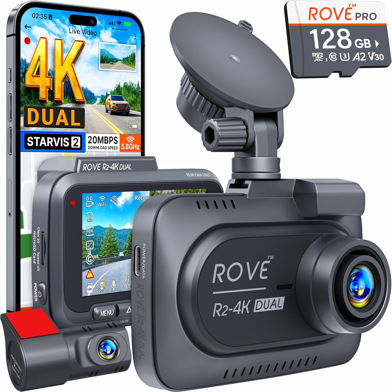 ROVE R2-4K Dual Dash Cam Front & Rear – STARVIS 2 Sensor, 4K 2160P Recording, 5G WiFi, 128GB Card Included, 24H Parking Mode Car Camera