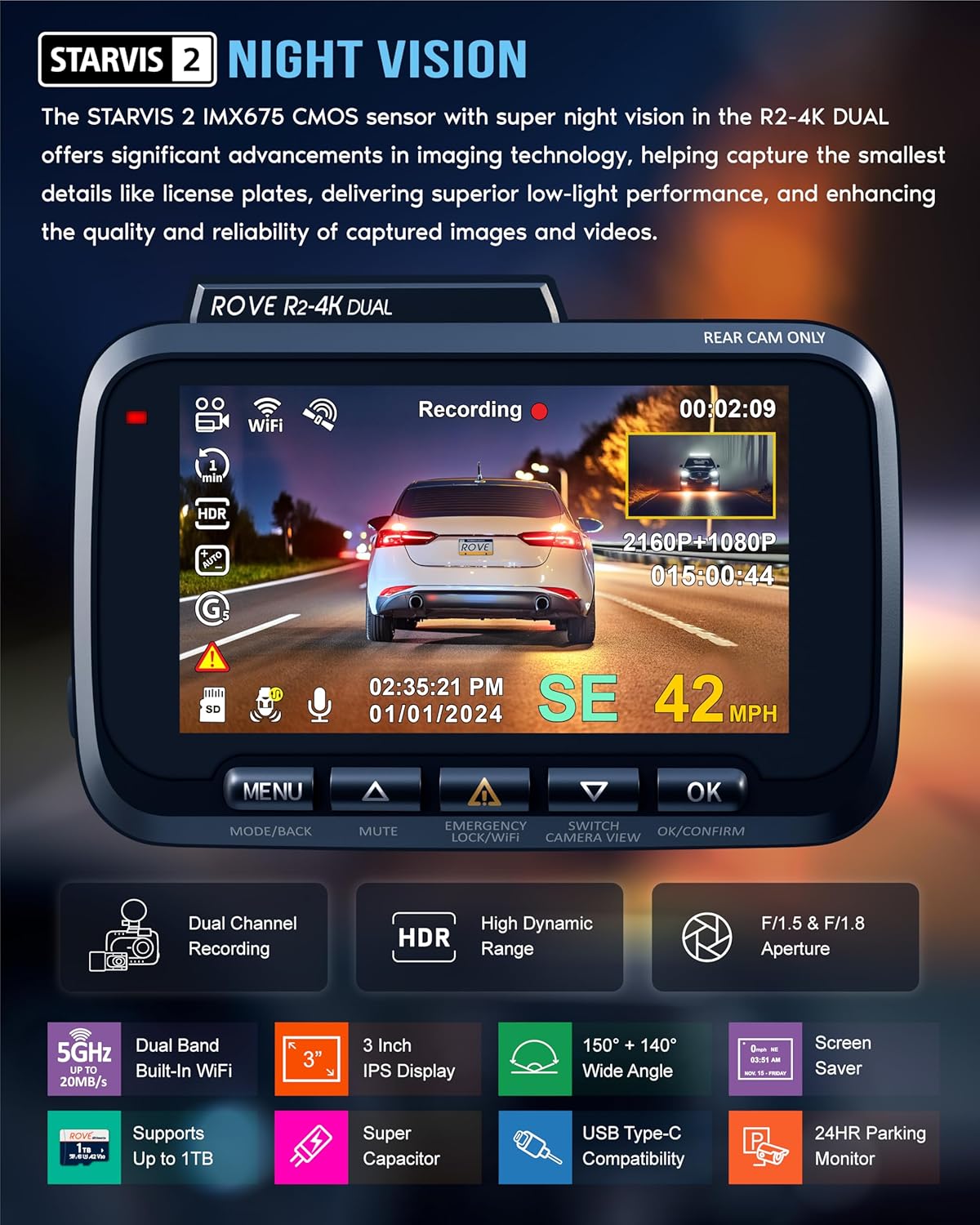 ORANGLES ROVE R2-4K Dual Dash Cam Front & Rear – STARVIS 2 Sensor, 4K 2160P Recording, 5G WiFi, 128GB Card Included, 24H Parking Mode Car Camera - angled perspective - Image 4 of 5 | excellent for daily use | New York | Free Shipping ORANGLES