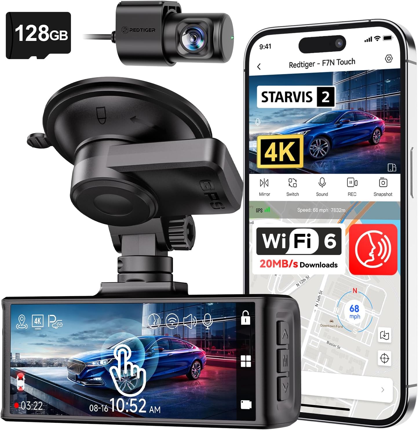 REDTIGER F7N Touch 4K STARVIS 2 Dash Cam Front & Rear – 5GHz WiFi Car Camera with GPS, Voice Control, Touch Screen & 128GB Card Included