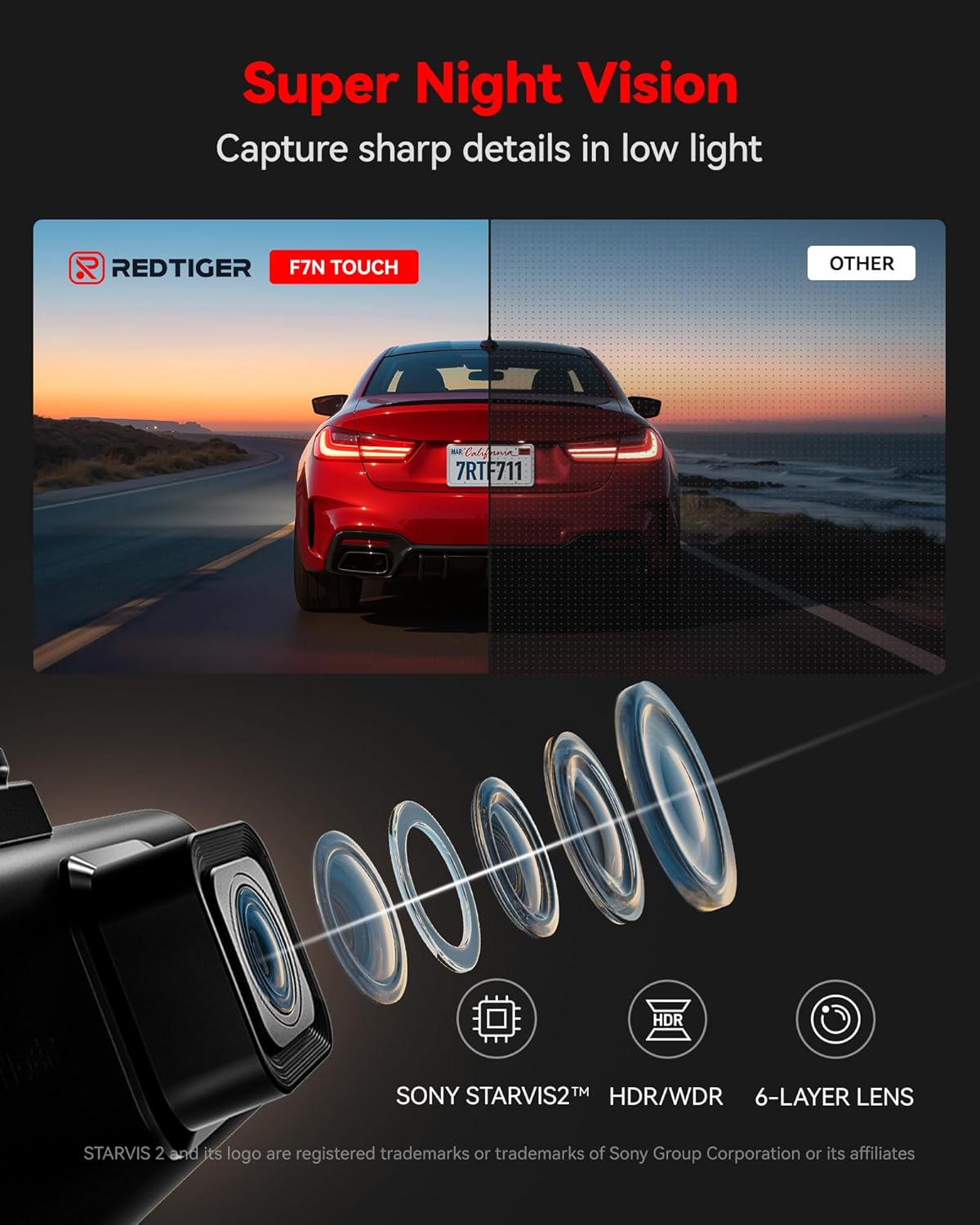 ORANGLES REDTIGER F7N Touch 4K STARVIS 2 Dash Cam Front & Rear – 5GHz WiFi Car Camera with GPS, Voice Control, Touch Screen & 128GB Card Included - detailed closeup view - Image 3 of 6 | great for travel | Texas | Free Shipping ORANGLES