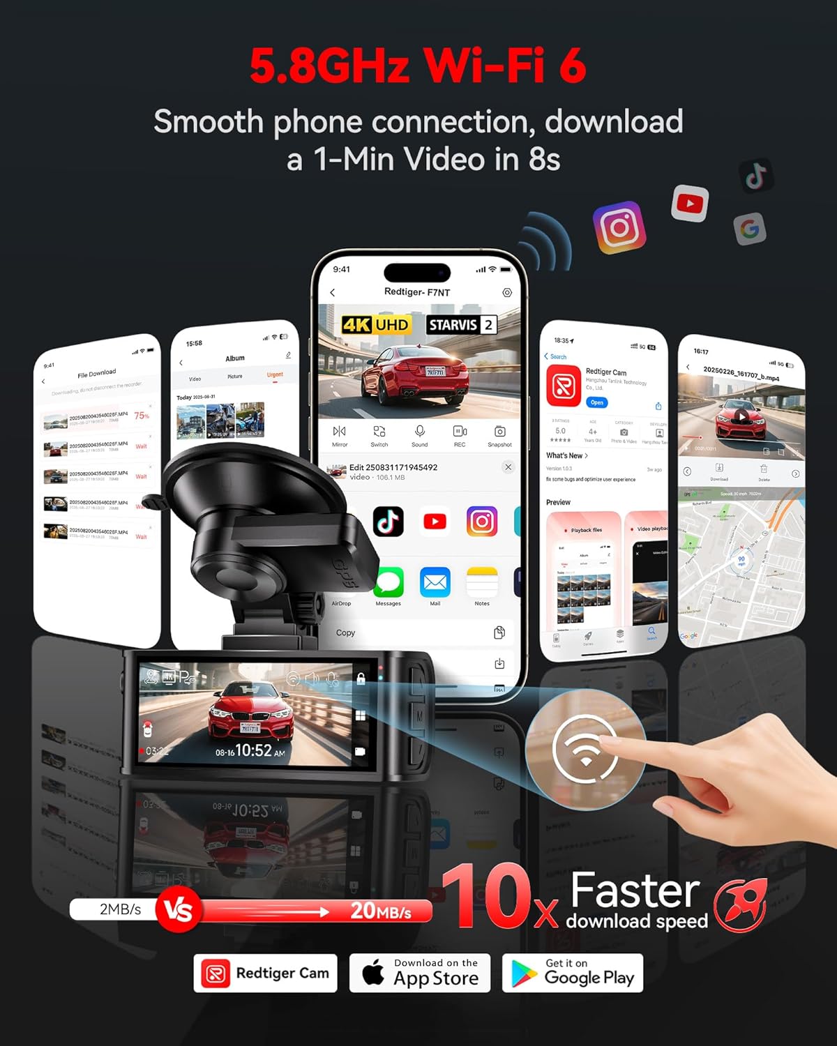ORANGLES REDTIGER F7N Touch 4K STARVIS 2 Dash Cam Front & Rear – 5GHz WiFi Car Camera with GPS, Voice Control, Touch Screen & 128GB Card Included - angled perspective - Image 4 of 6 | excellent for daily use | New York | Free Shipping ORANGLES