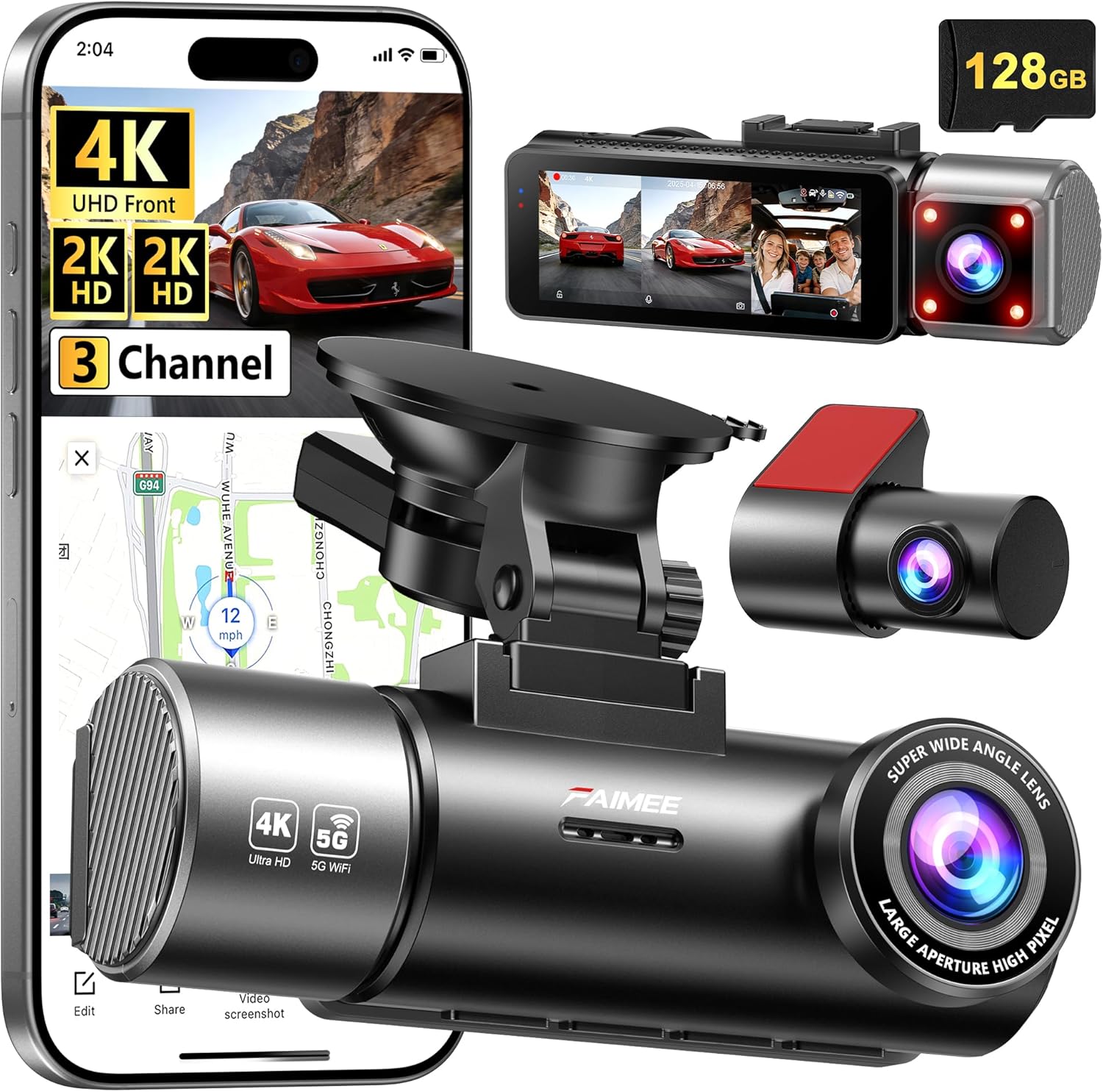 4K + 2K + 2K 3-Channel Dash Cam Front & Rear – Triple Car Camera with GPS, Dual WiFi, Night Vision, 170° Wide Angle & 24H Parking Monitor (128GB Included)