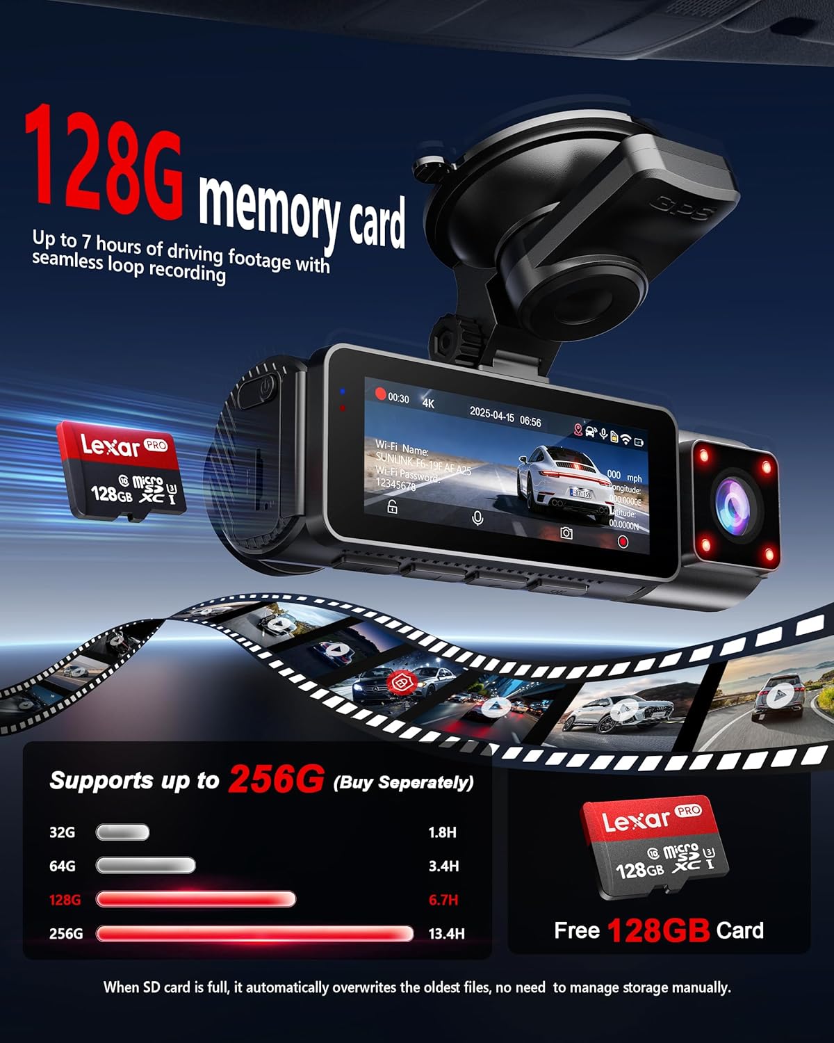 ORANGLES 4K + 2K + 2K 3-Channel Dash Cam Front & Rear – Triple Car Camera with GPS, Dual WiFi, Night Vision, 170° Wide Angle & 24H Parking Monitor (128GB Included) - high resolution display - Image 2 of 4 | perfect for office | California | Free Shipping ORANGLES