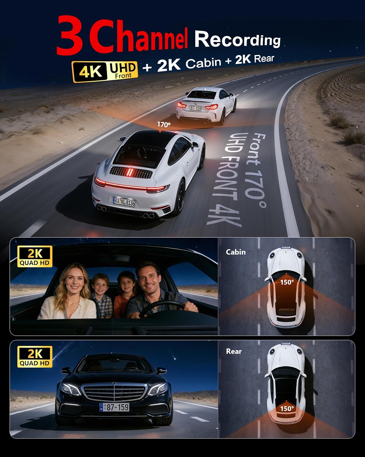 ORANGLES 4K + 2K + 2K 3-Channel Dash Cam Front & Rear – Triple Car Camera with GPS, Dual WiFi, Night Vision, 170° Wide Angle & 24H Parking Monitor (128GB Included) - detailed closeup view - Image 3 of 4 | great for travel | Texas | Free Shipping ORANGLES